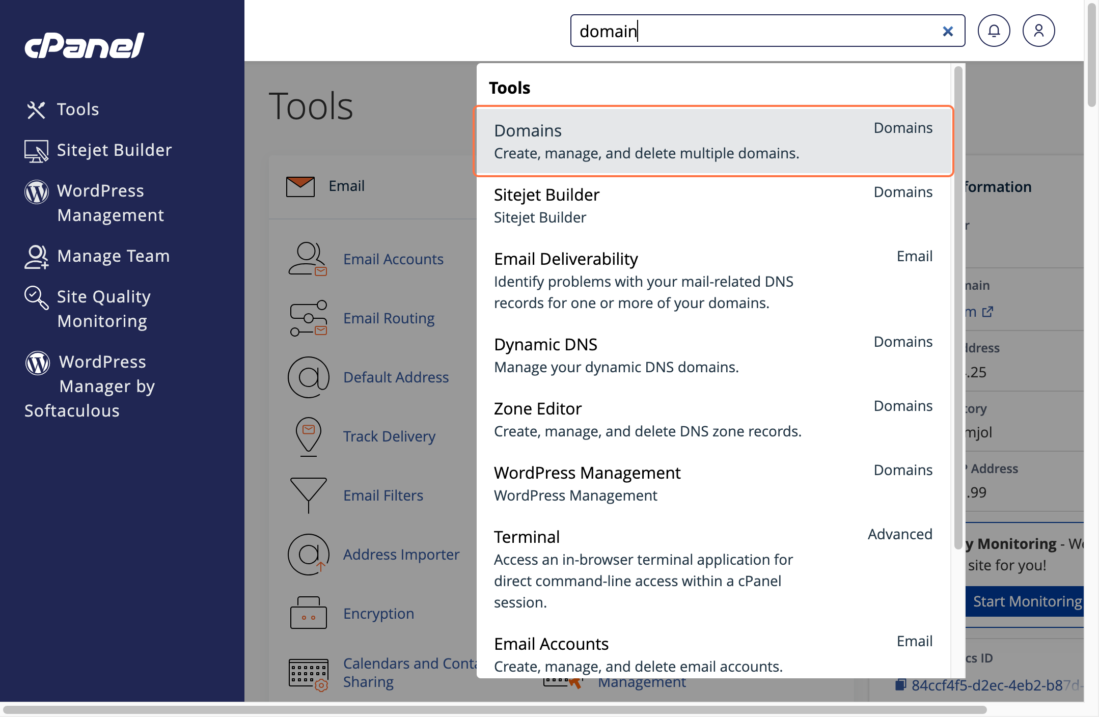 cPanel dashboard search bar