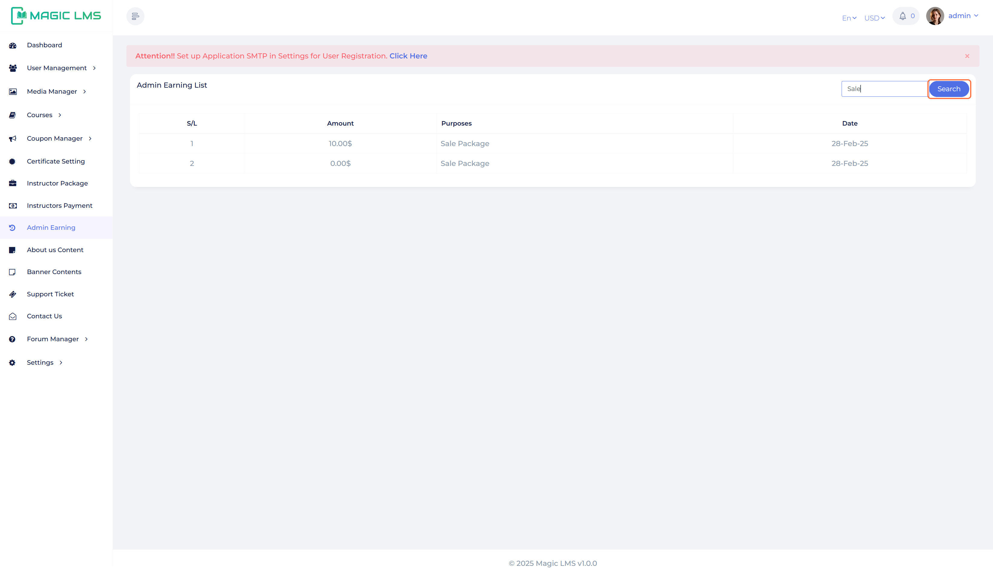 admin earning list