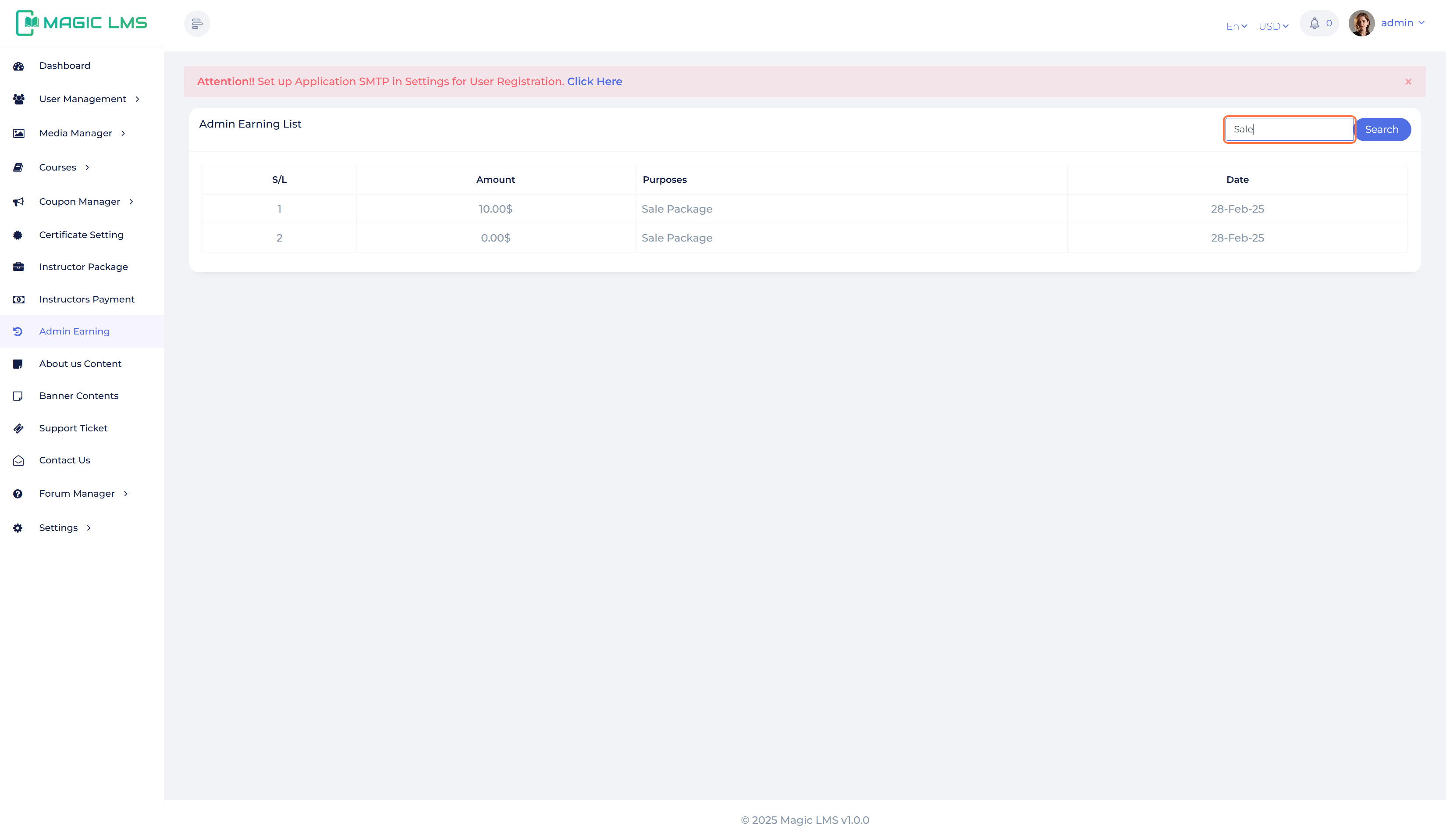 admin earning list