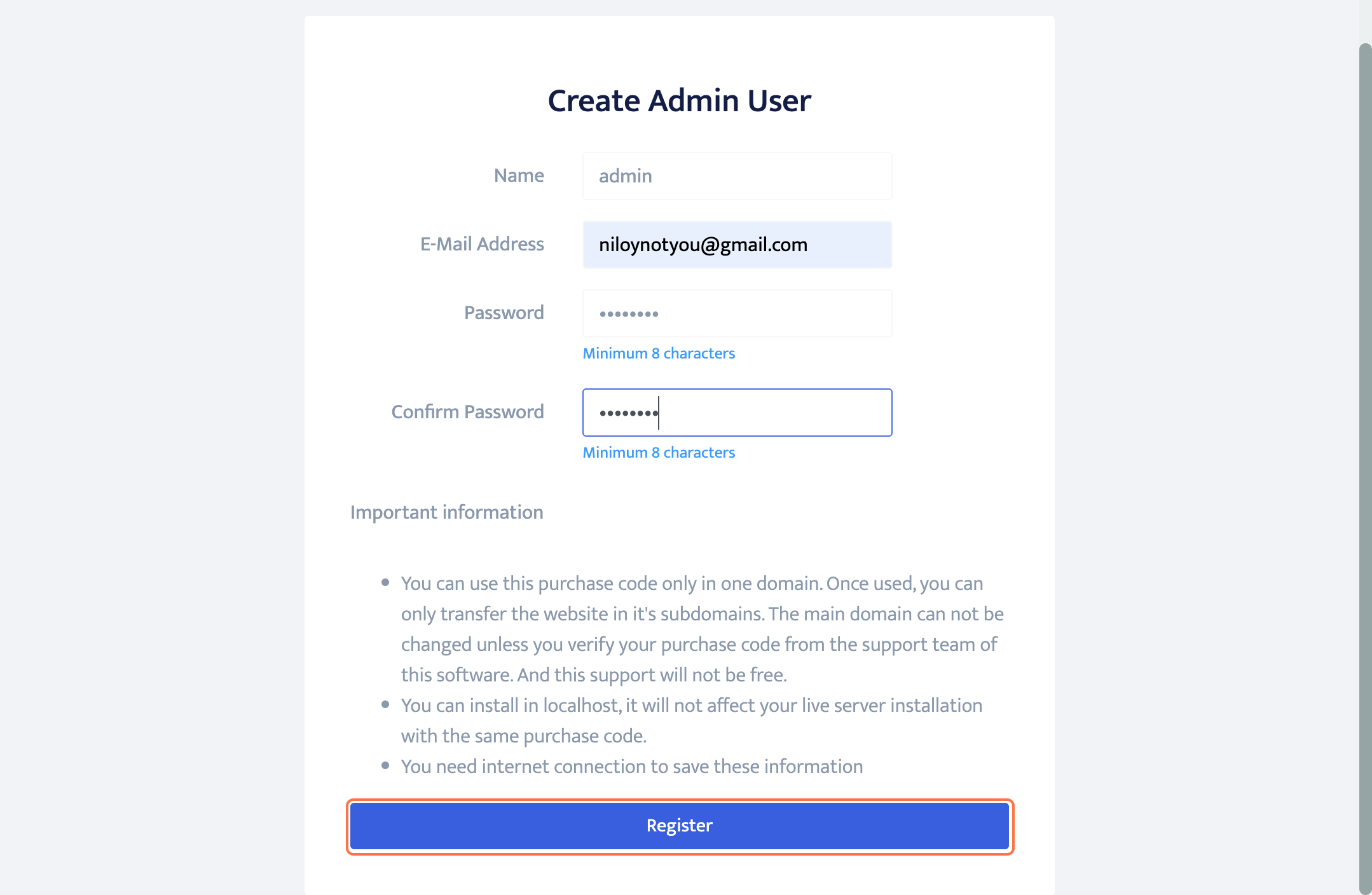 apllication setup page via user domain