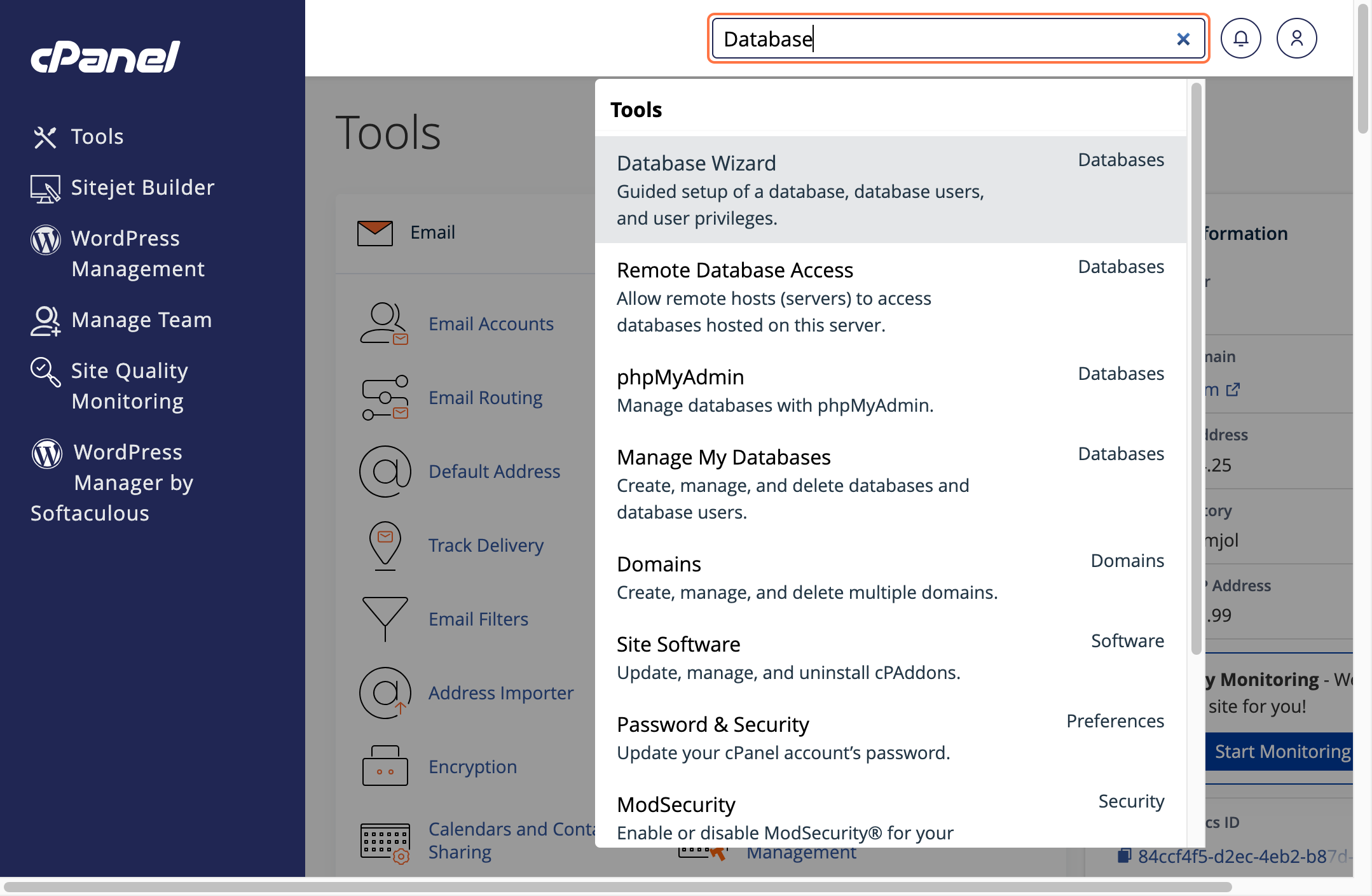 cPanel dashboard search bar