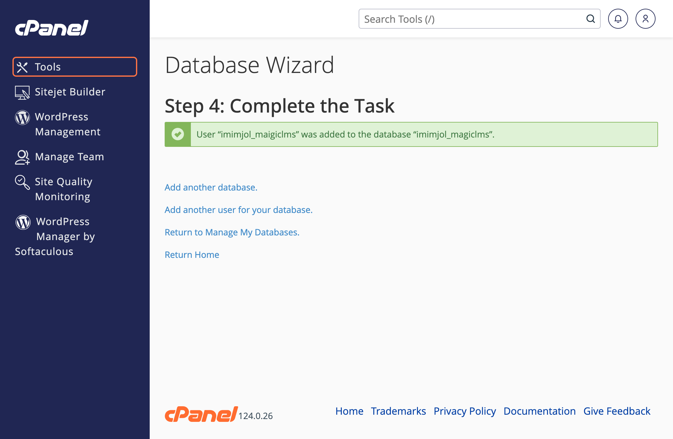 cPanel dashboard