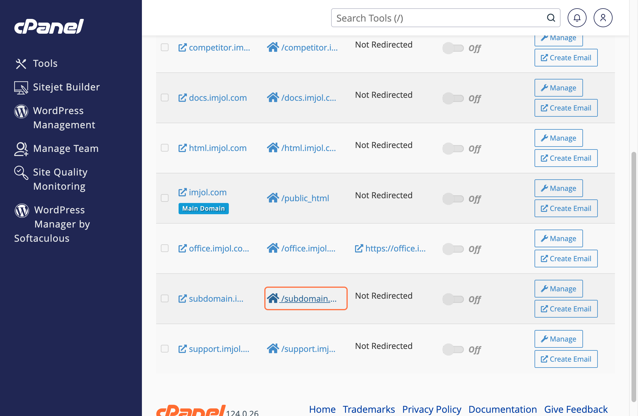 cPanel domain list