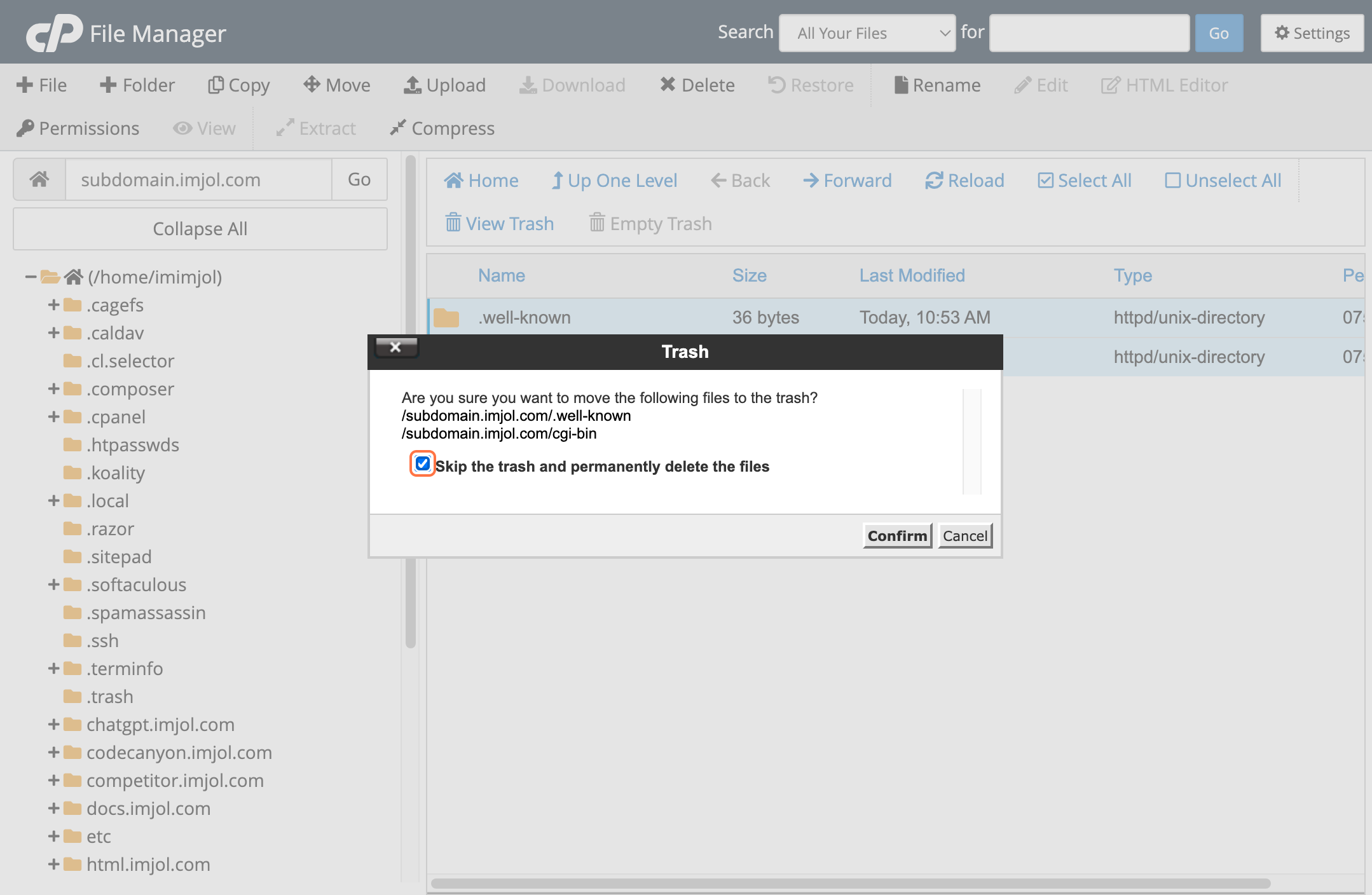 cPanel file manager pop up message