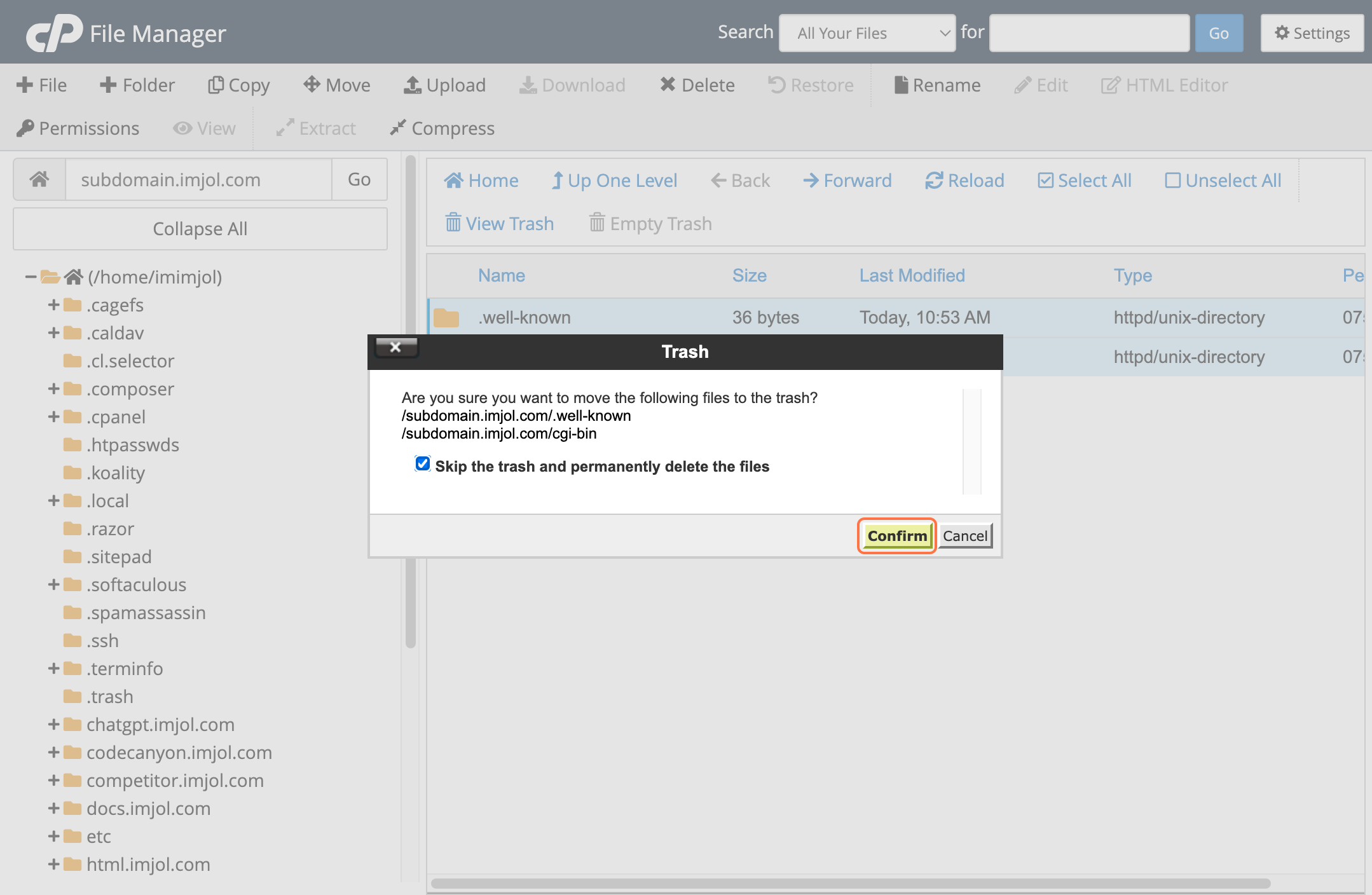 cPanel file manager pop up message