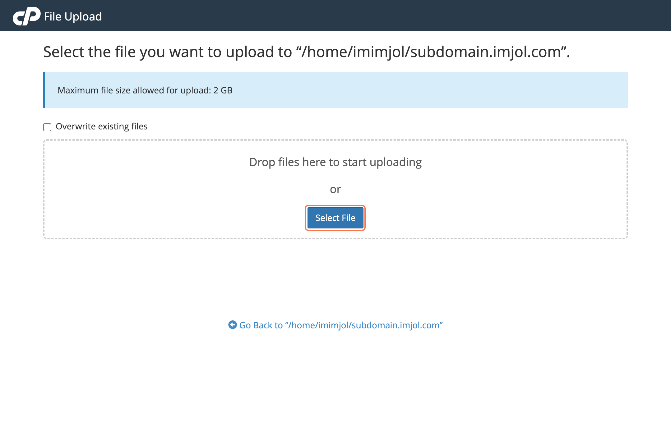 cPanel file manager choose file to upload