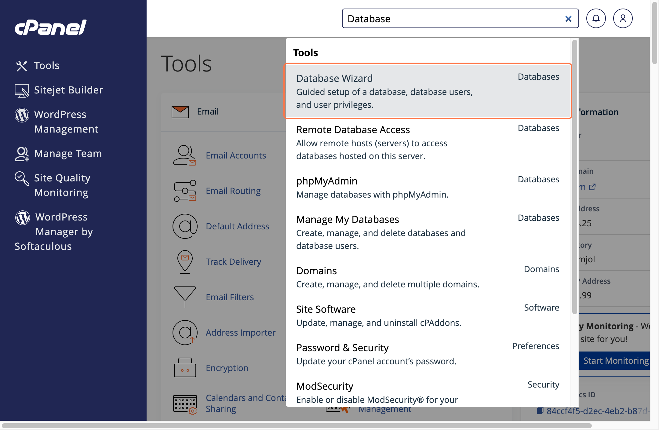 cPanel dashboard search bar