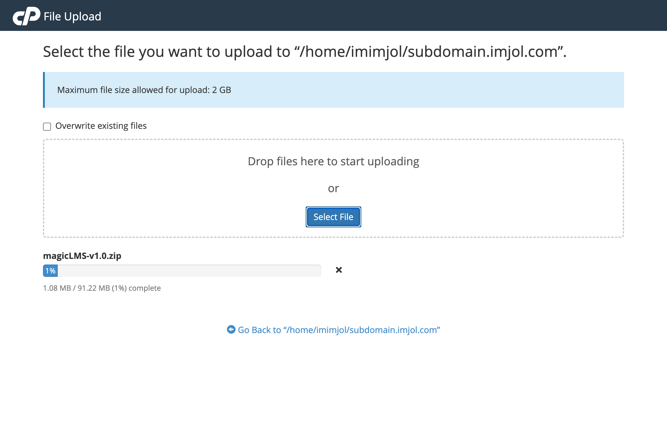 cPanel file manager choose file to upload
