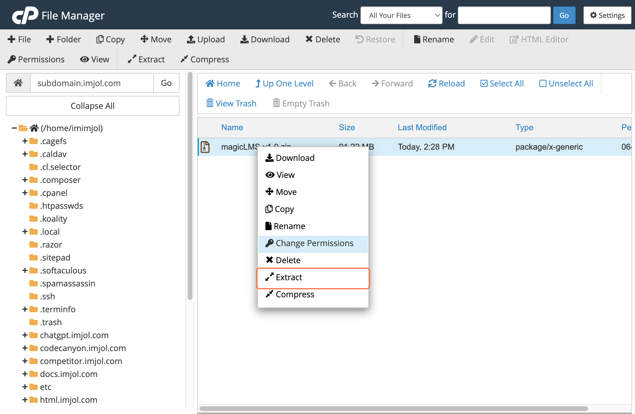 cPanel file manager extract option
