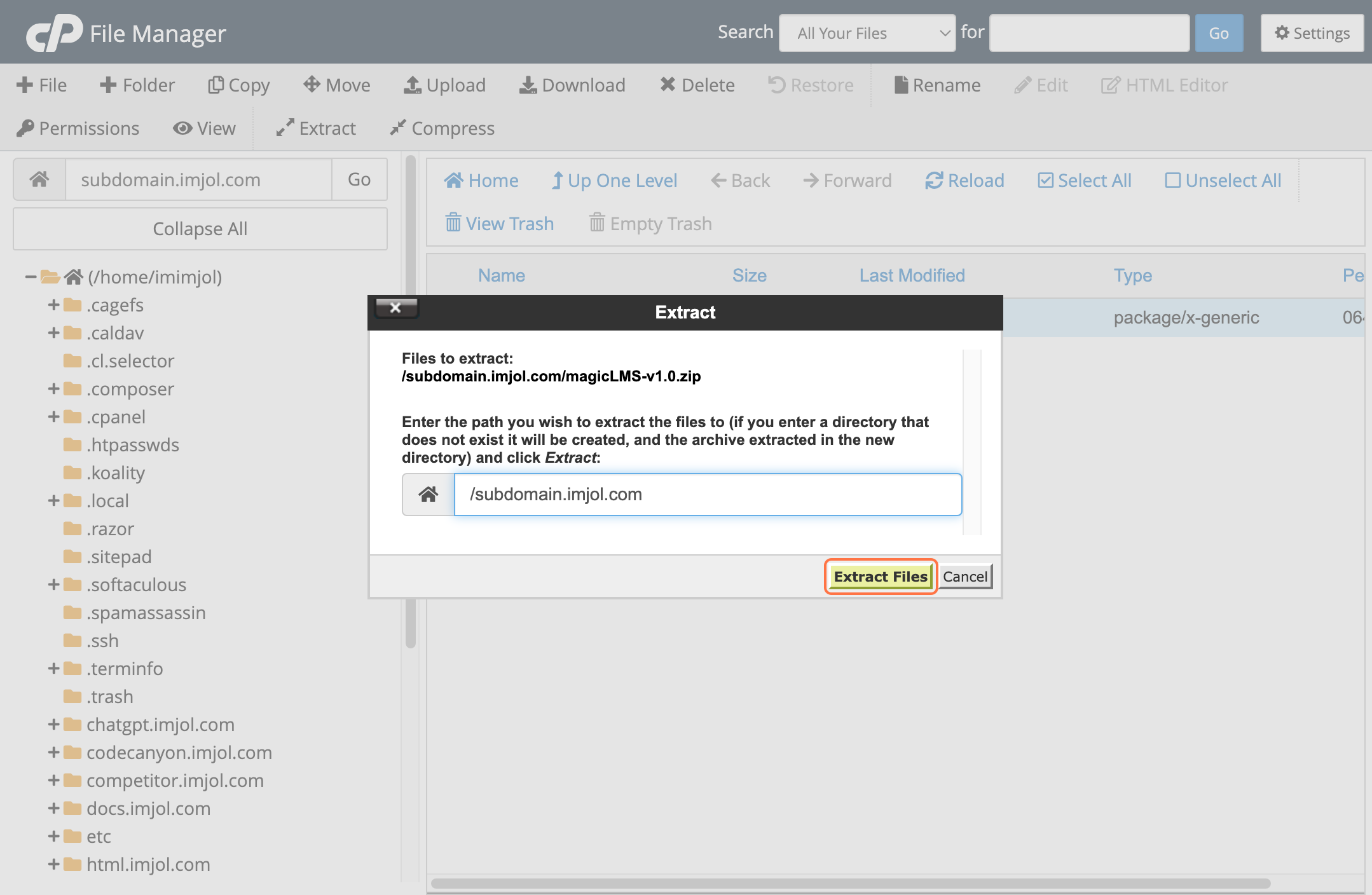 cPanel file manager extract tab