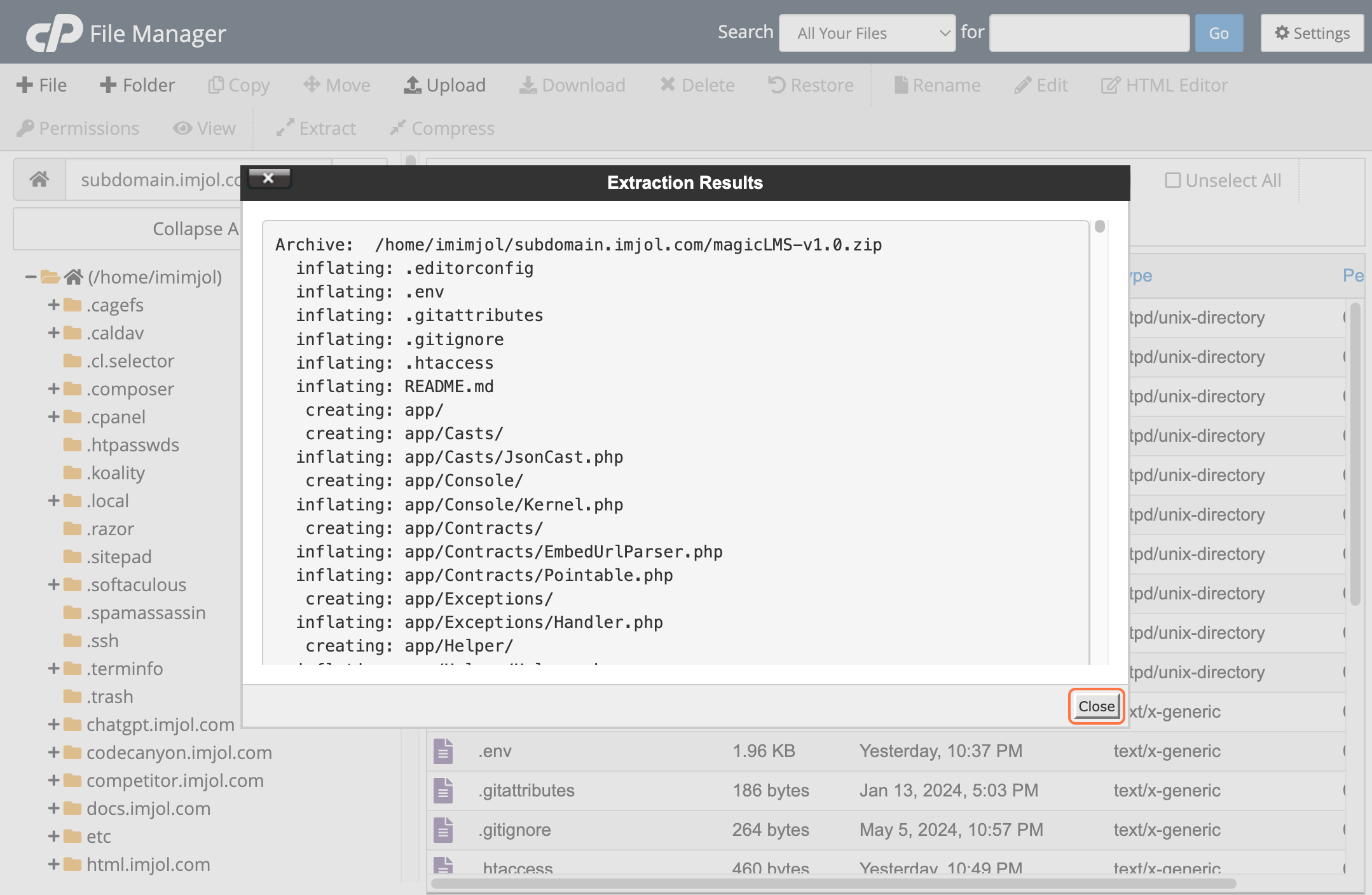 cPanel file manager extract tab