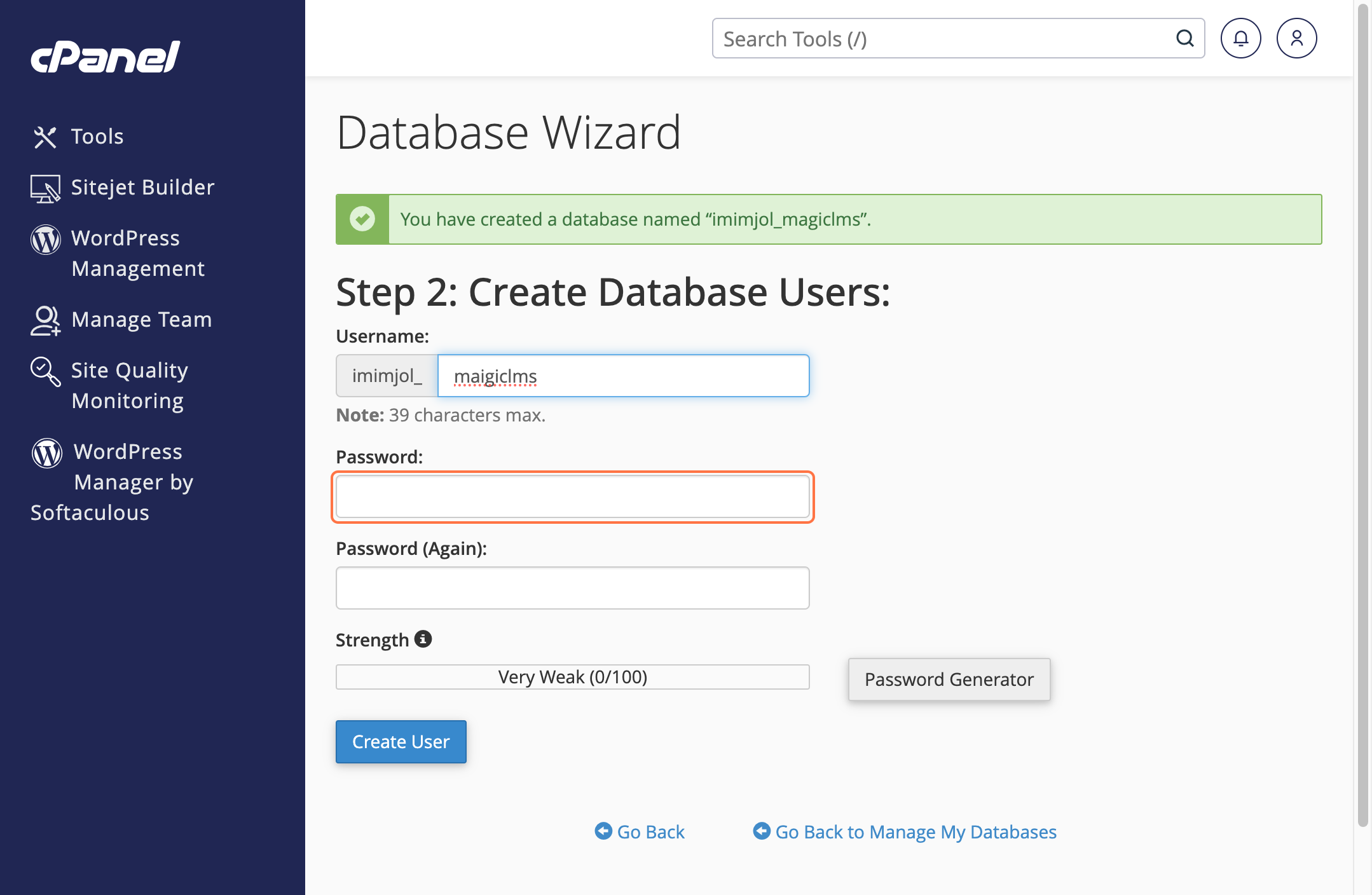 cPanel Database Credintials