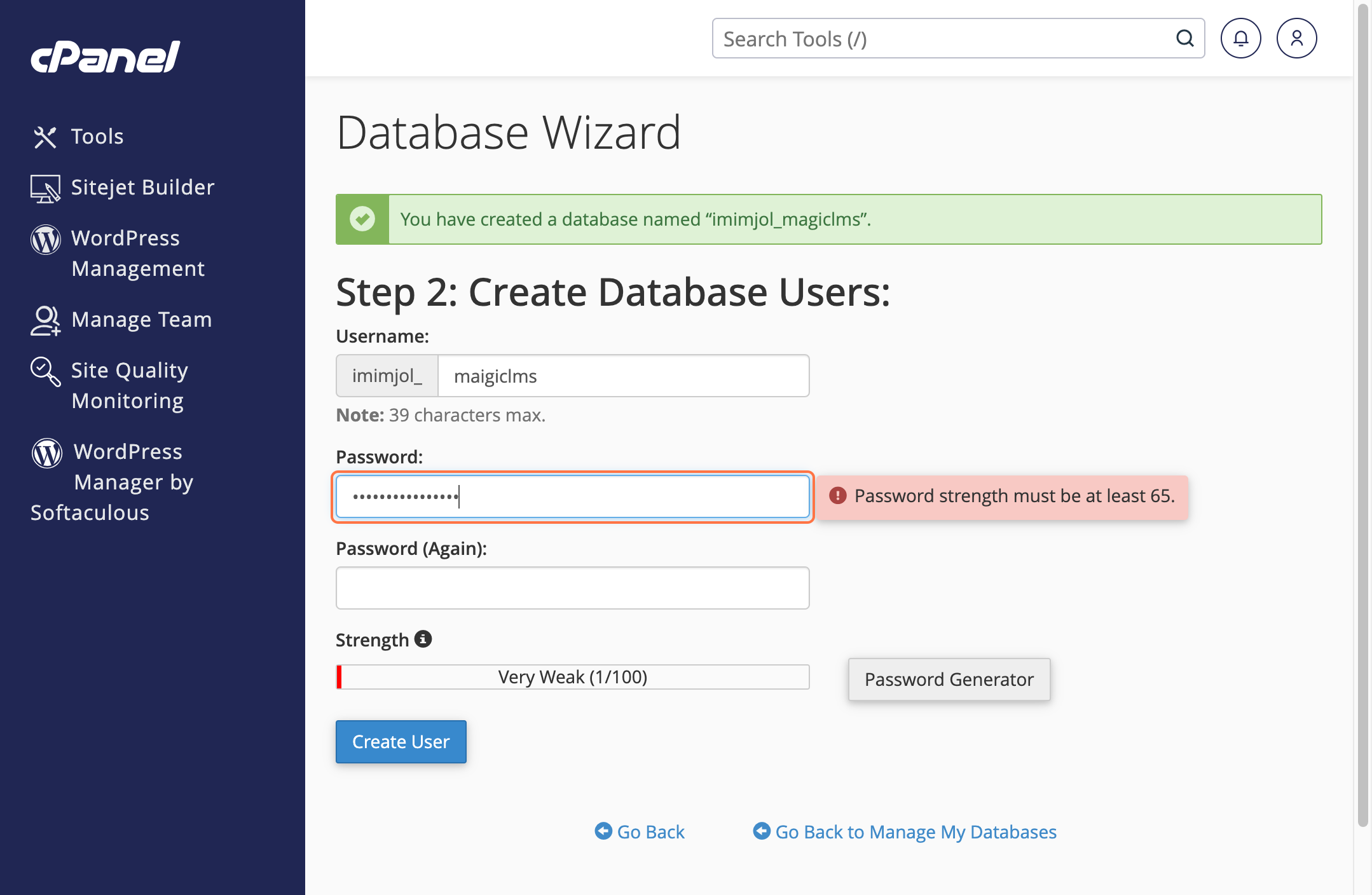 cPanel Database Credintials