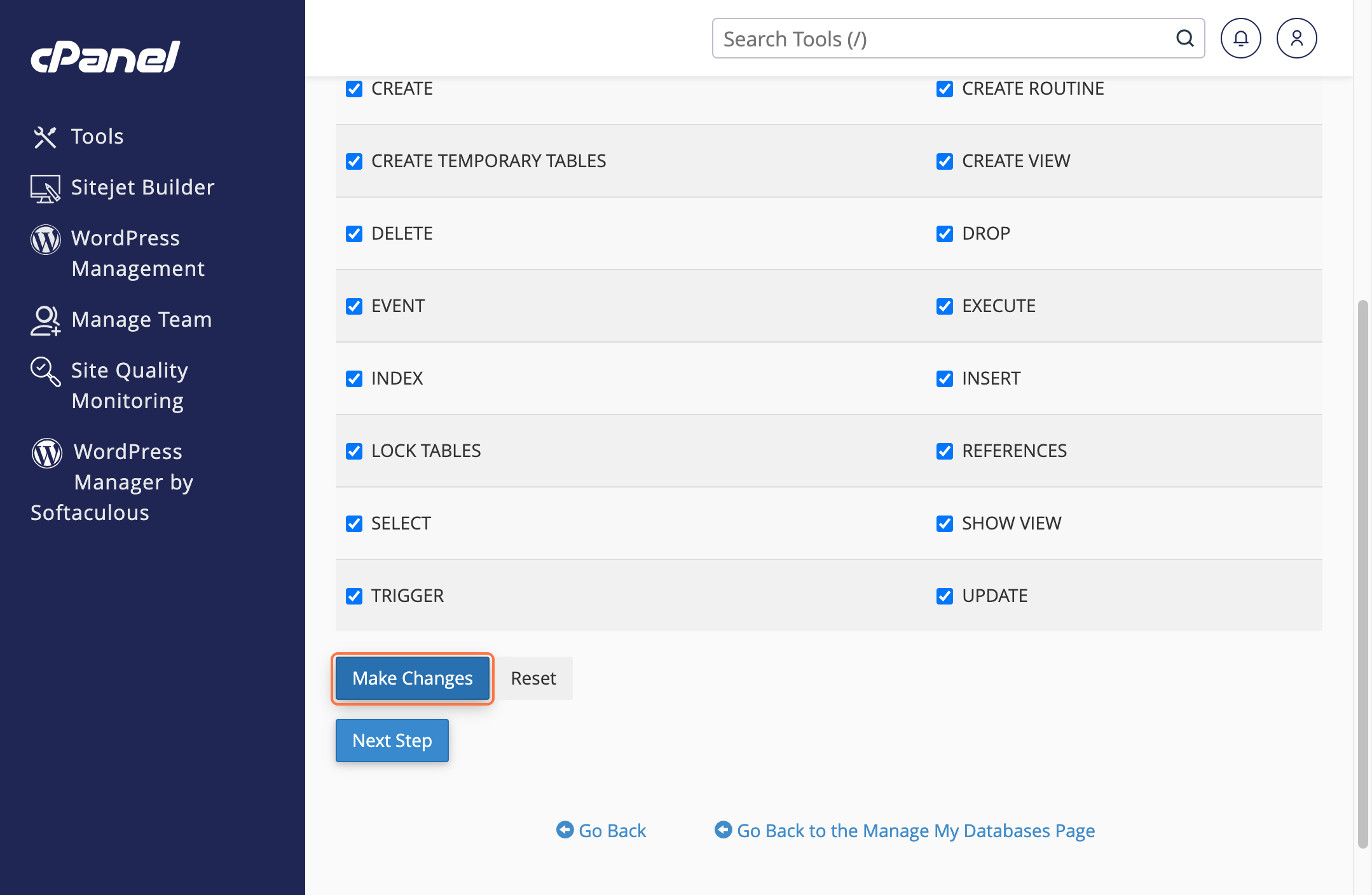 cPanel Database Privileges