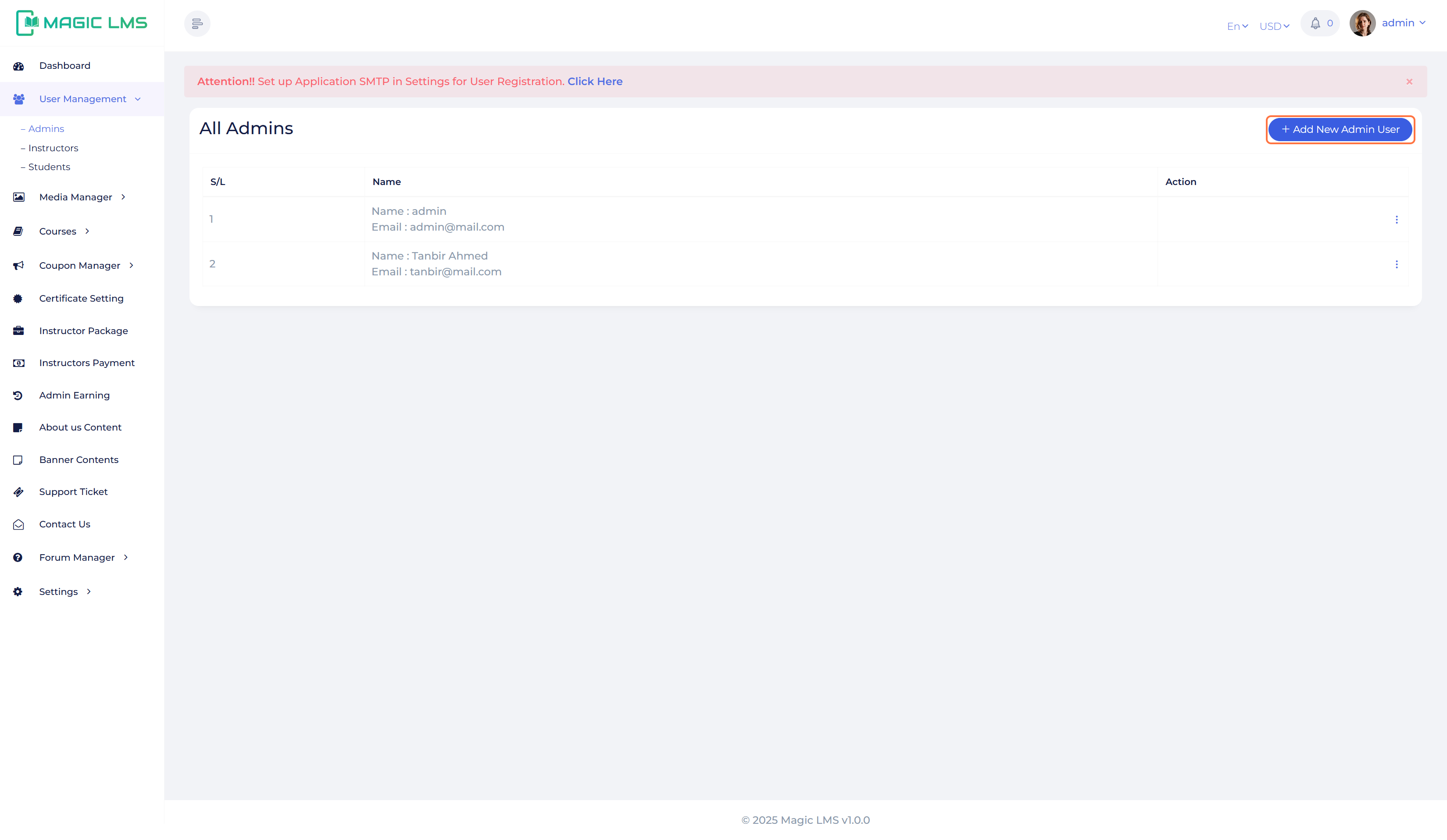 admin user register panel