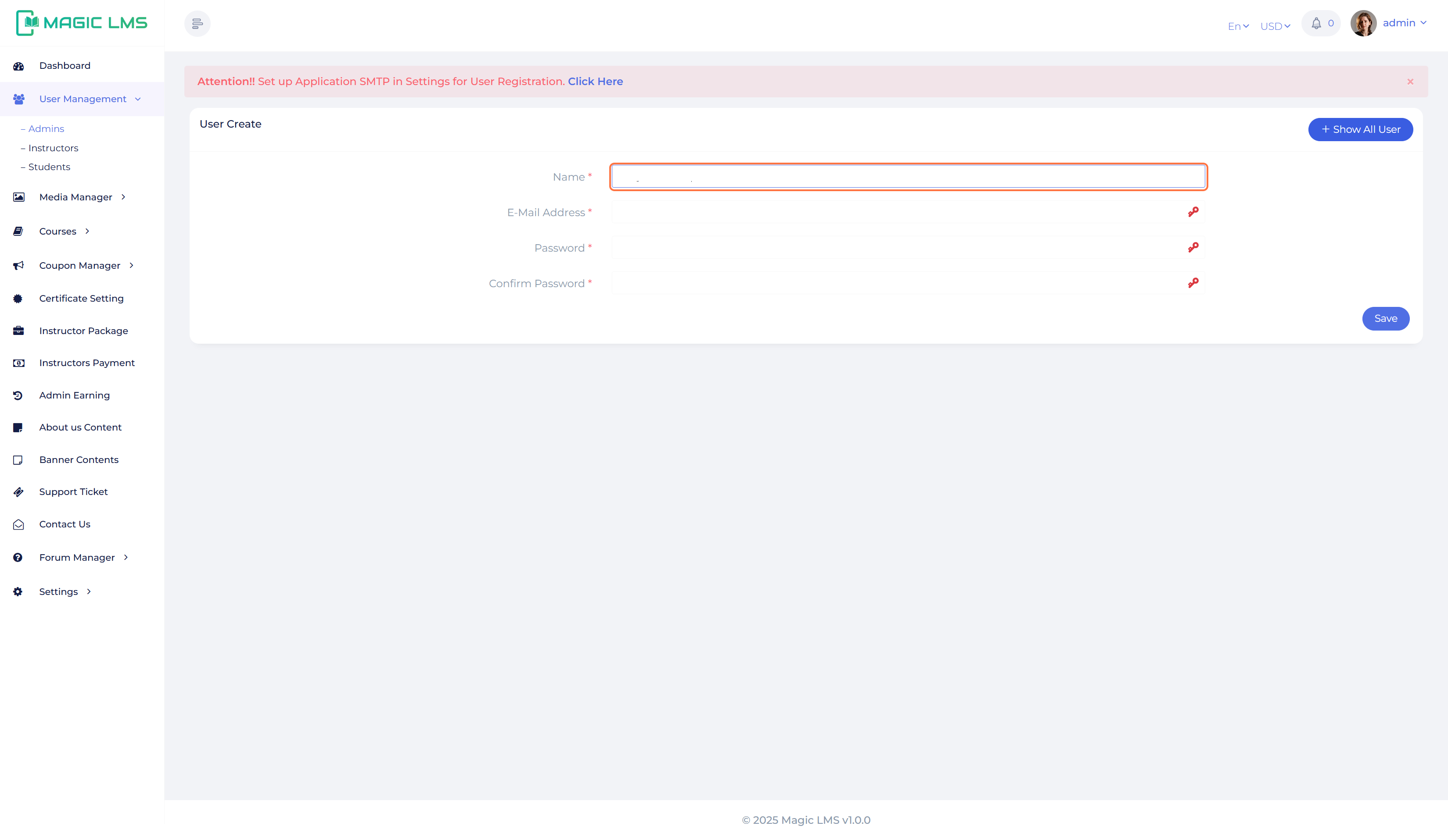 admin user register panel