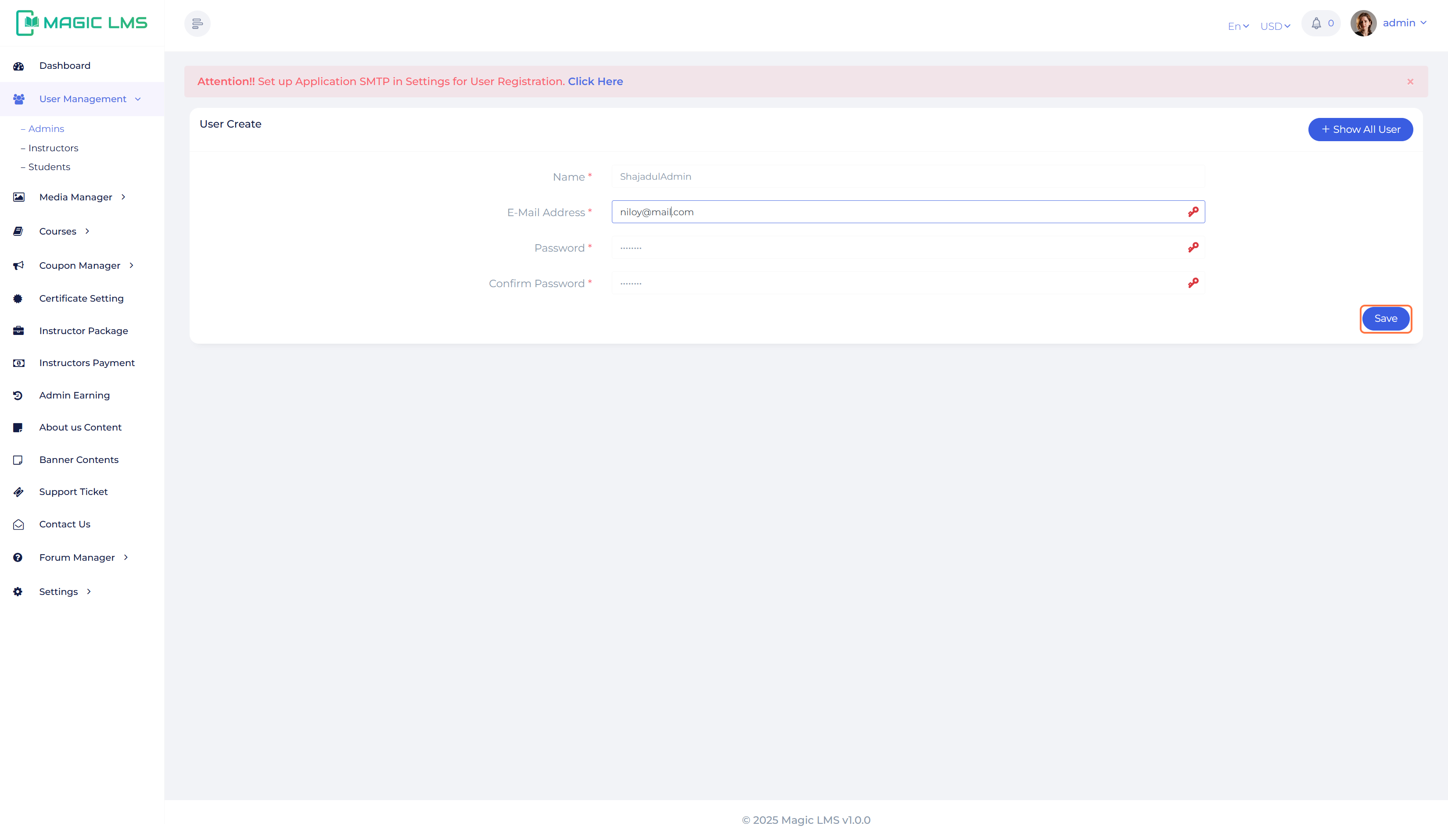 admin user register panel