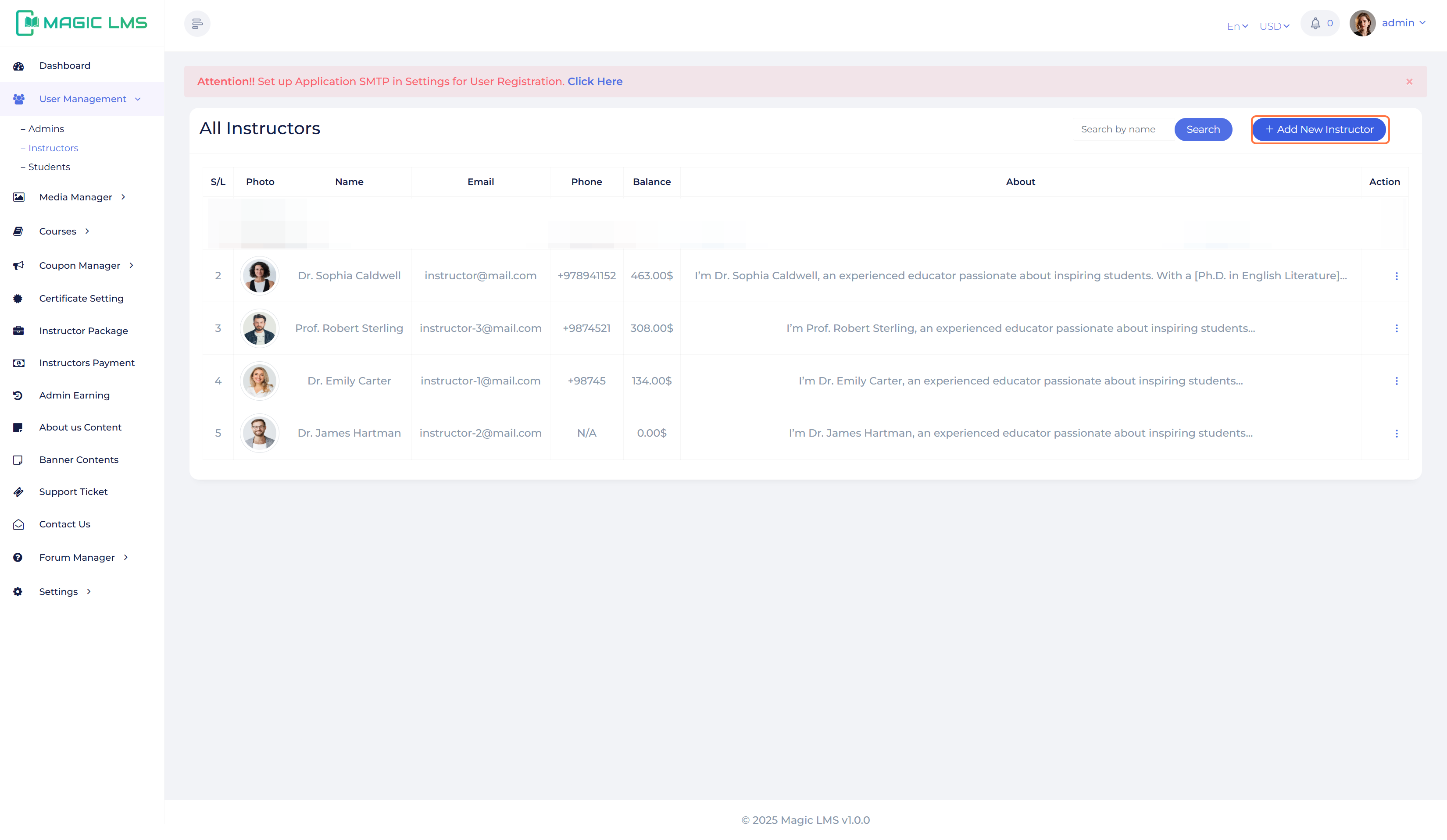 Instructor user register panel