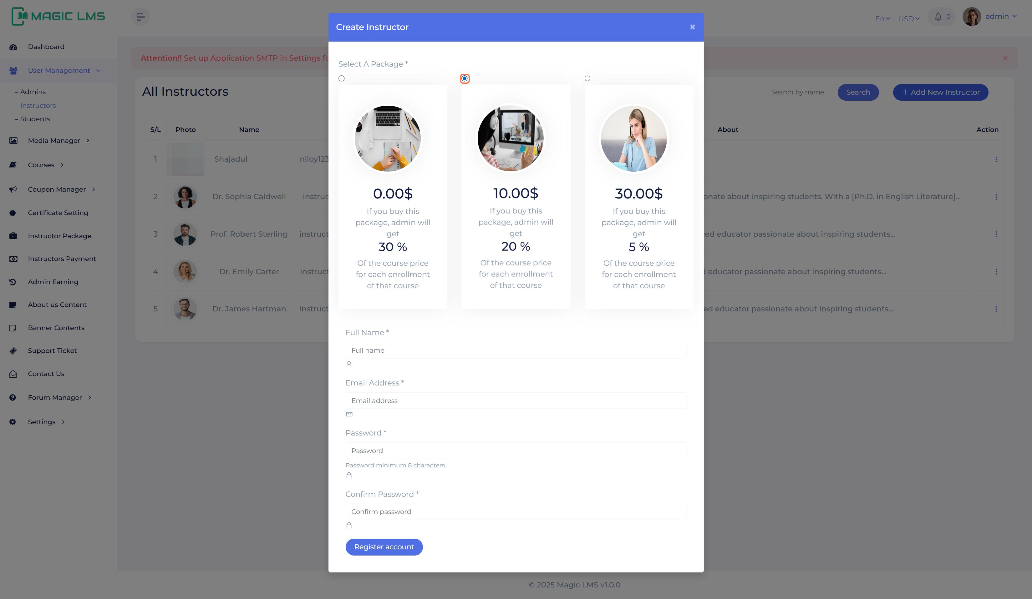 Instructor user register panel