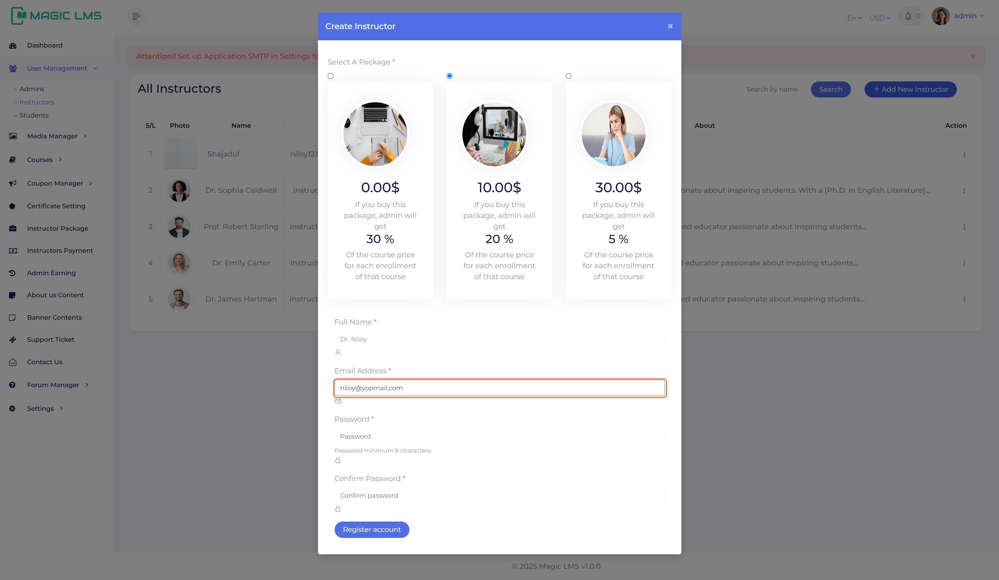 Instructor user register panel