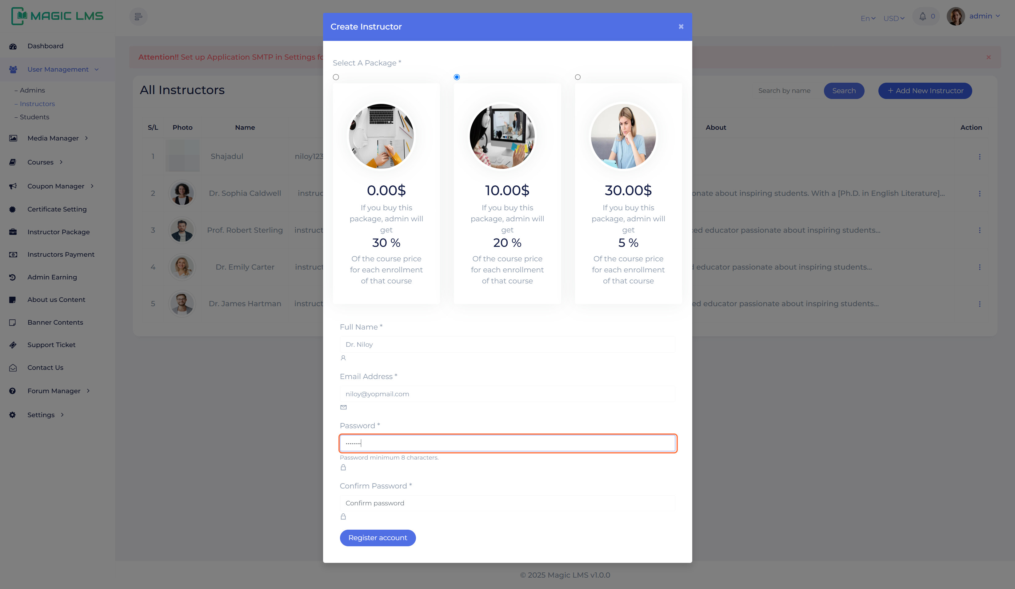 Instructor user register panel