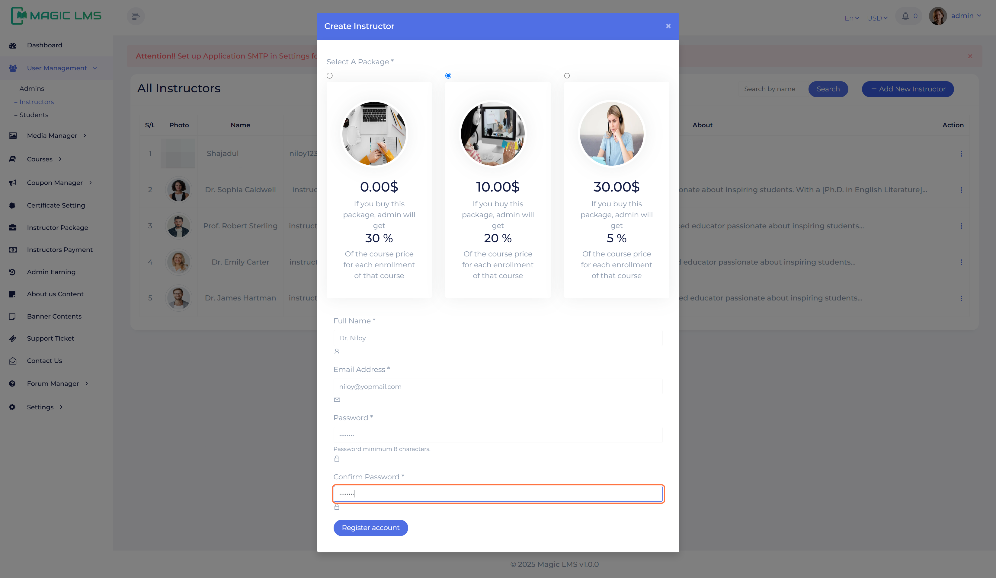 Instructor user register panel