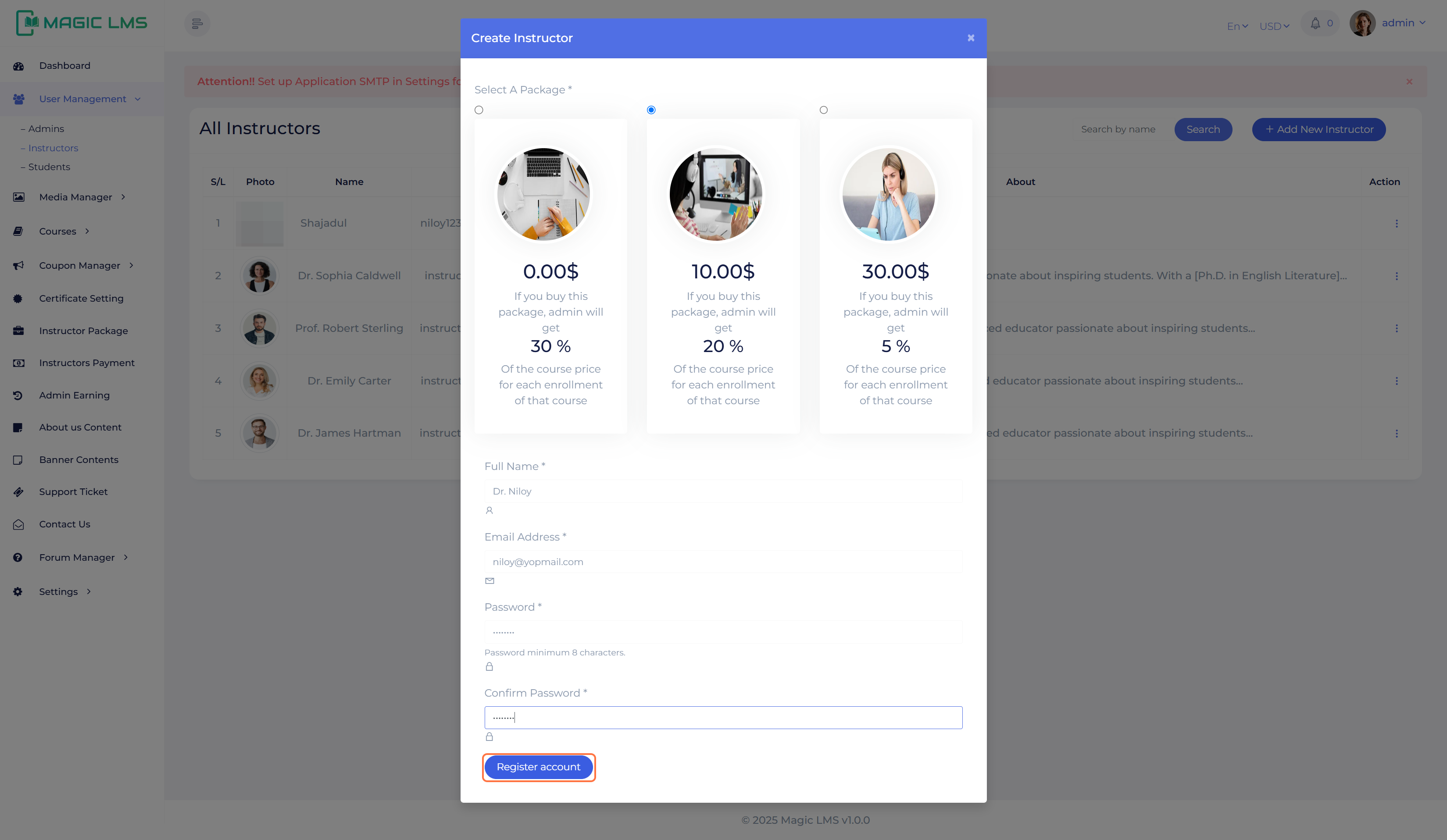 Instructor user register panel