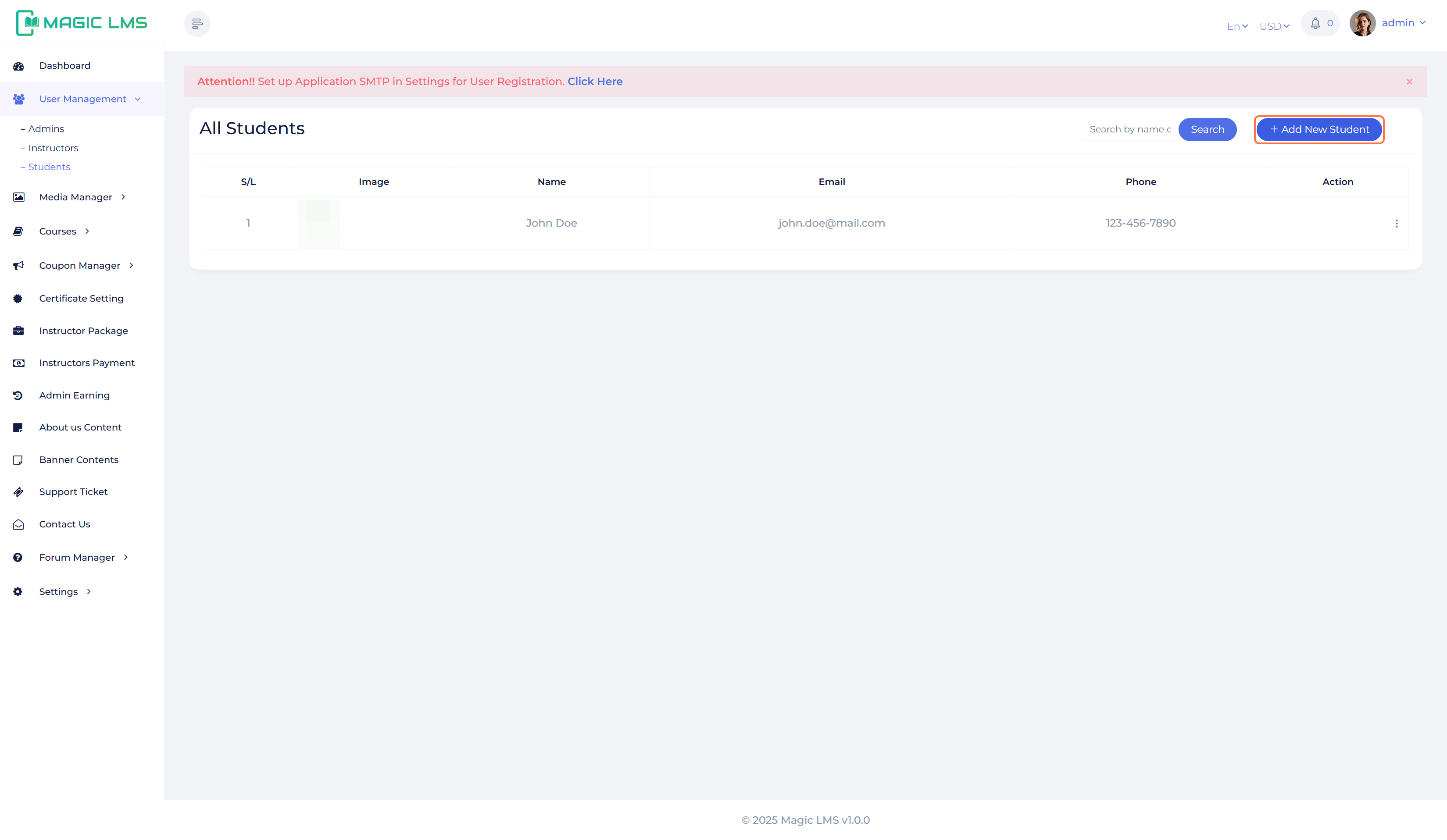 Student user register panel