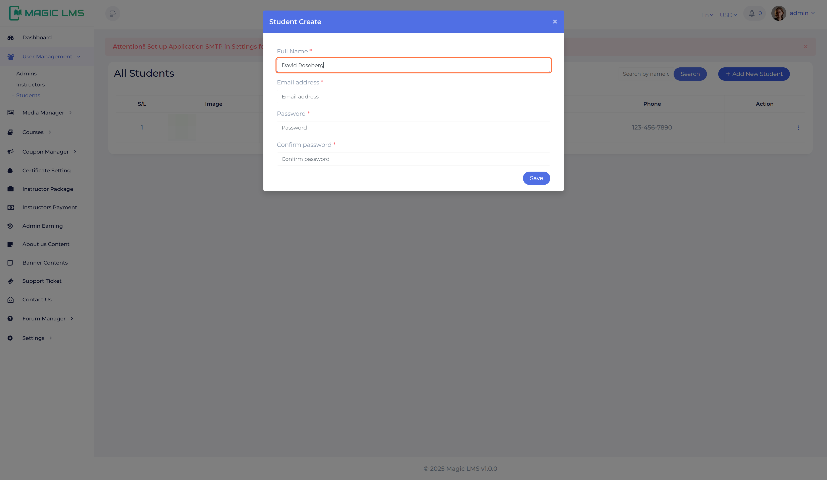 Student user register panel