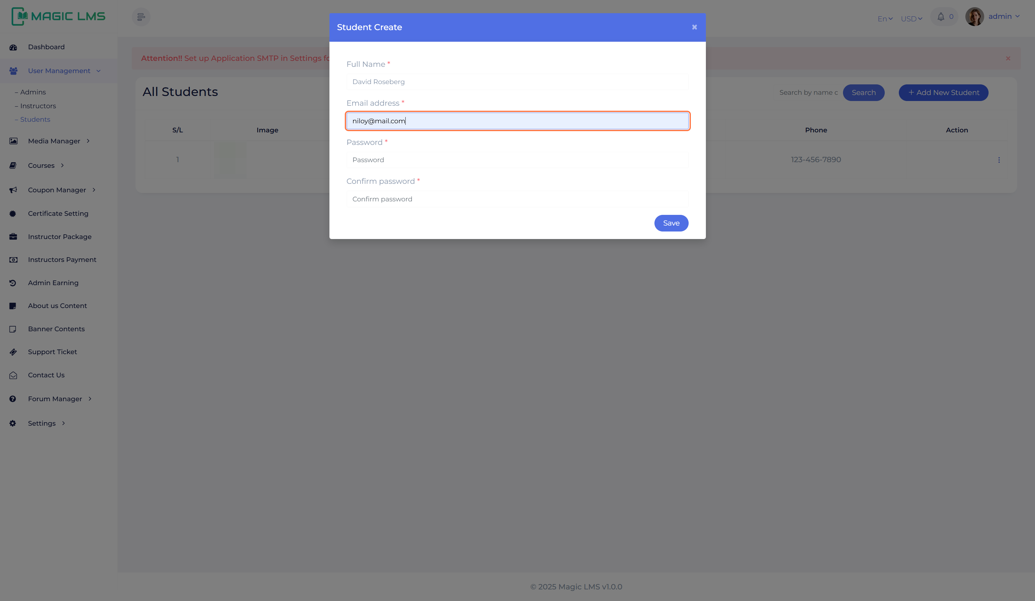 Student user register panel