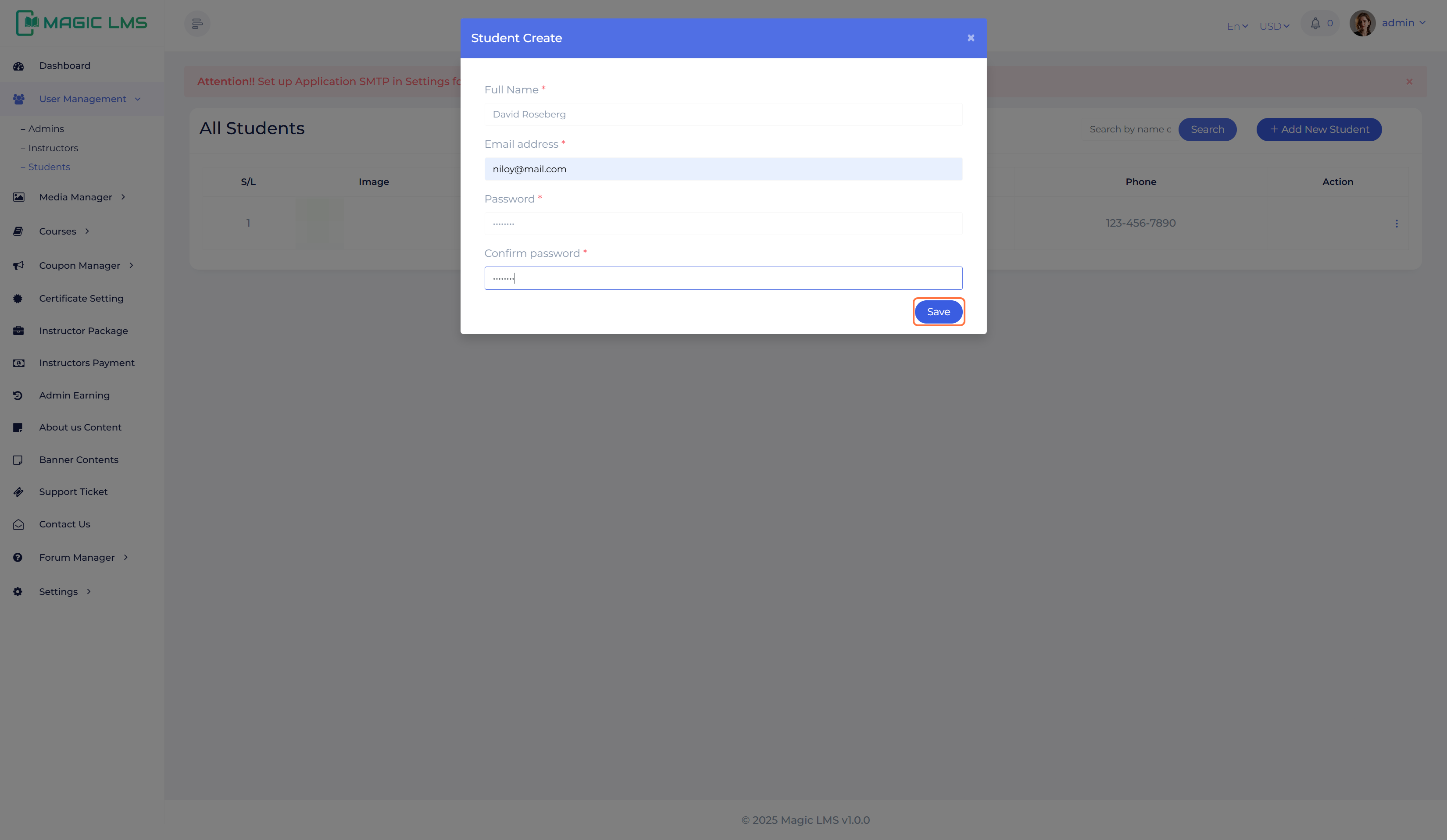 Student user register panel