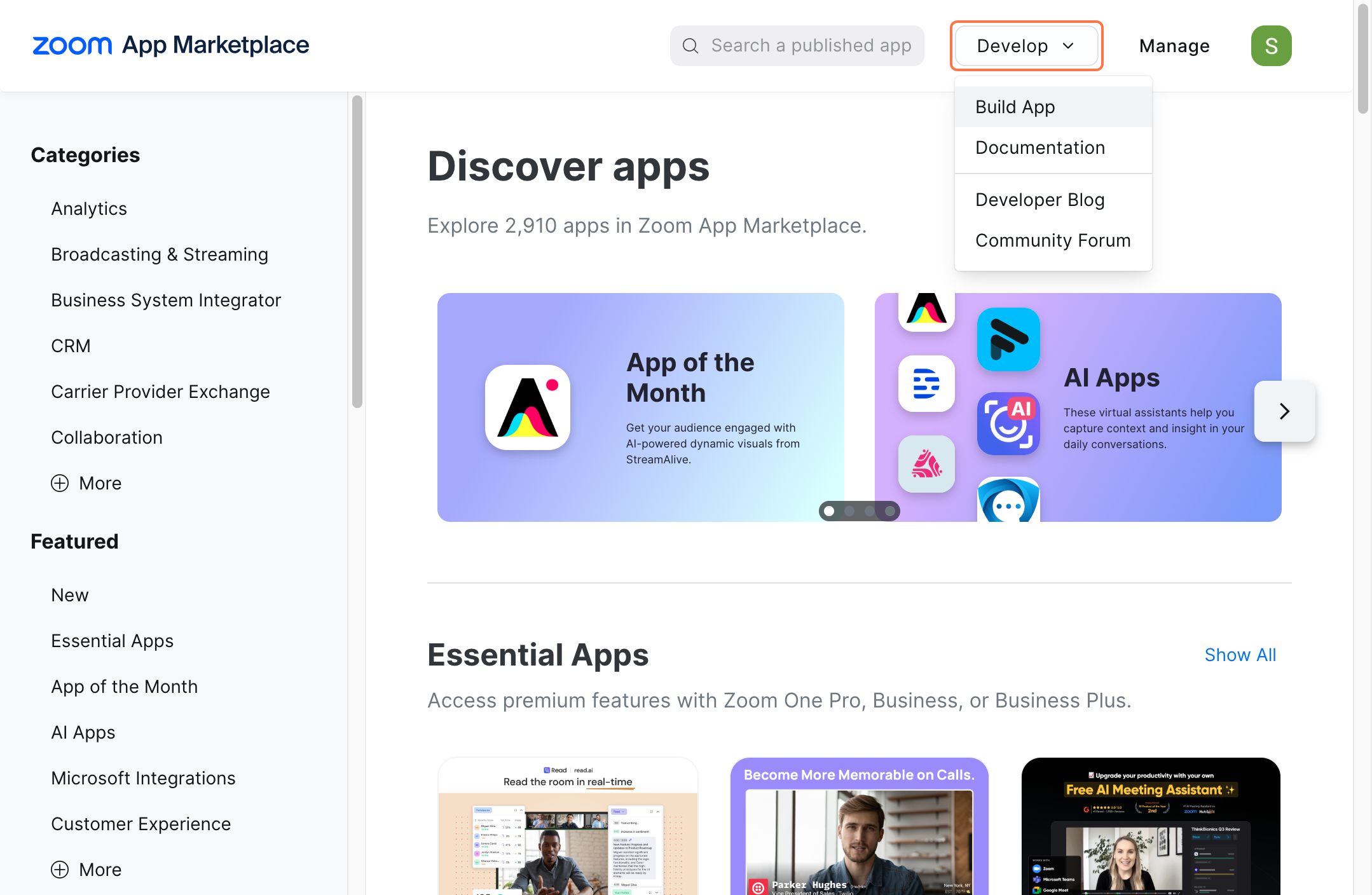 zoom applciation marketplace dashboard
