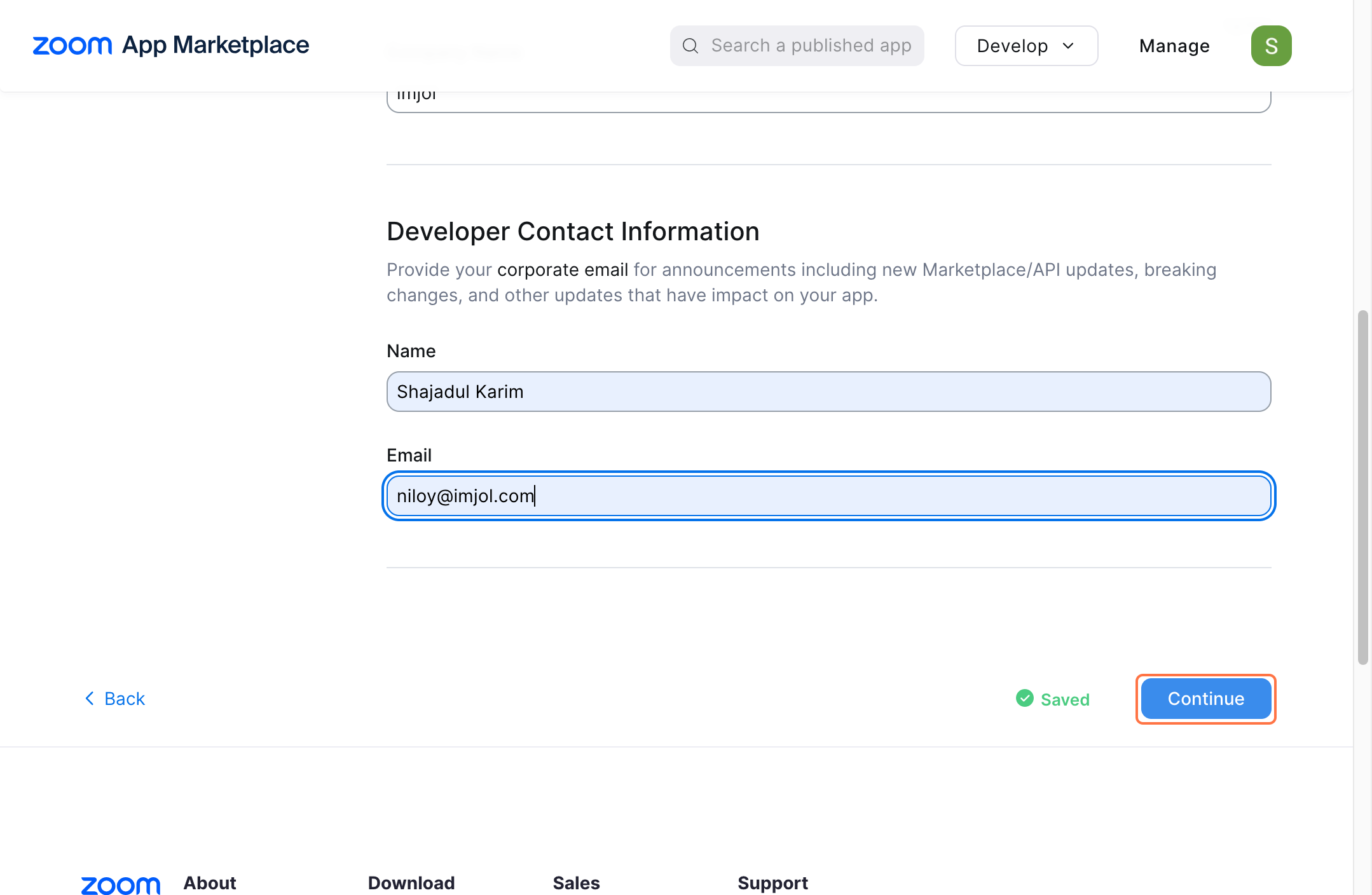 zoom applciation marketplace credential page