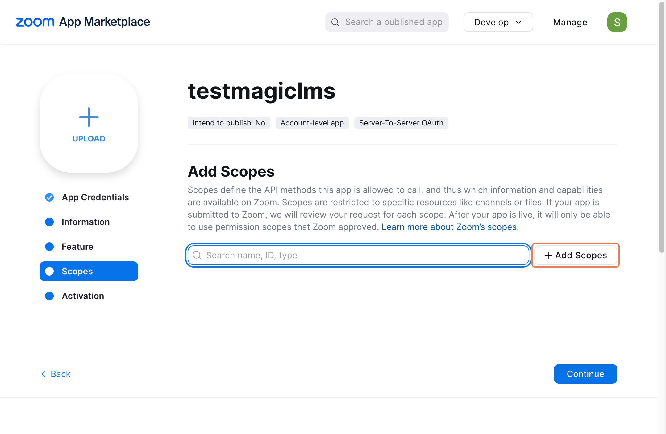 zoom applciation marketplace credential page