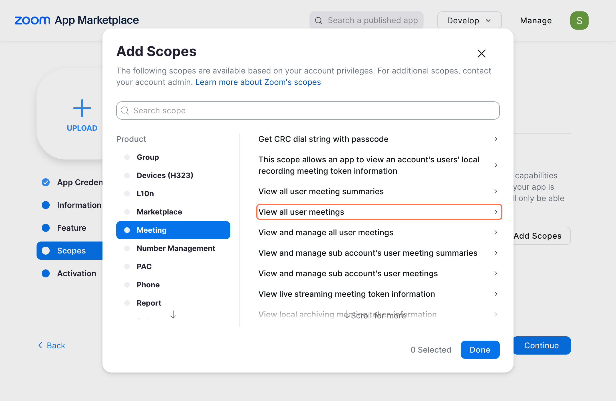 zoom applciation marketplace credential page