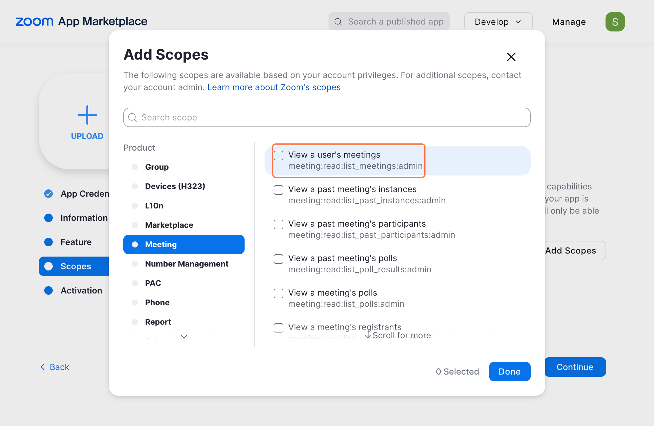 zoom applciation marketplace credential page