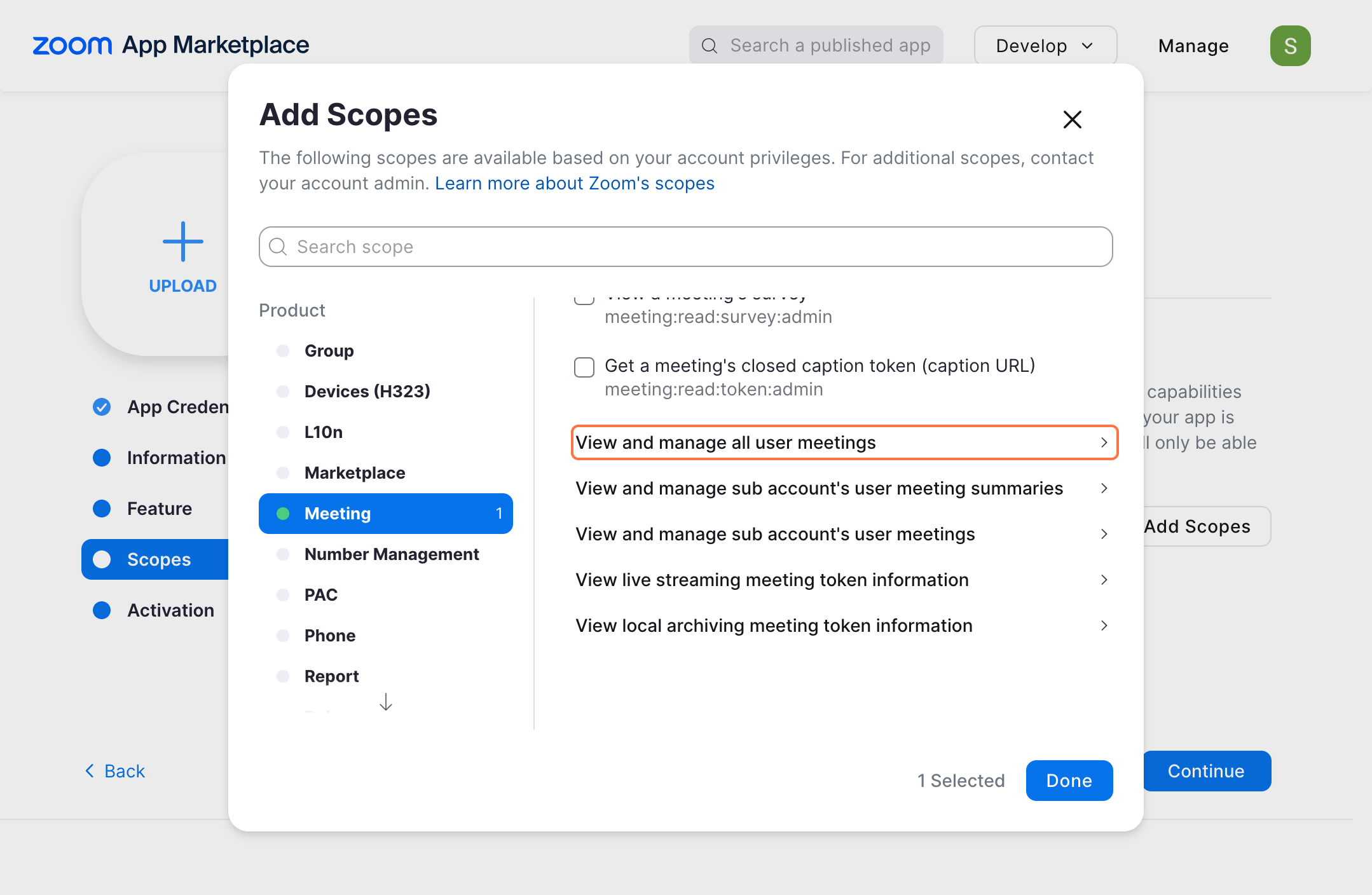 zoom applciation marketplace credential page