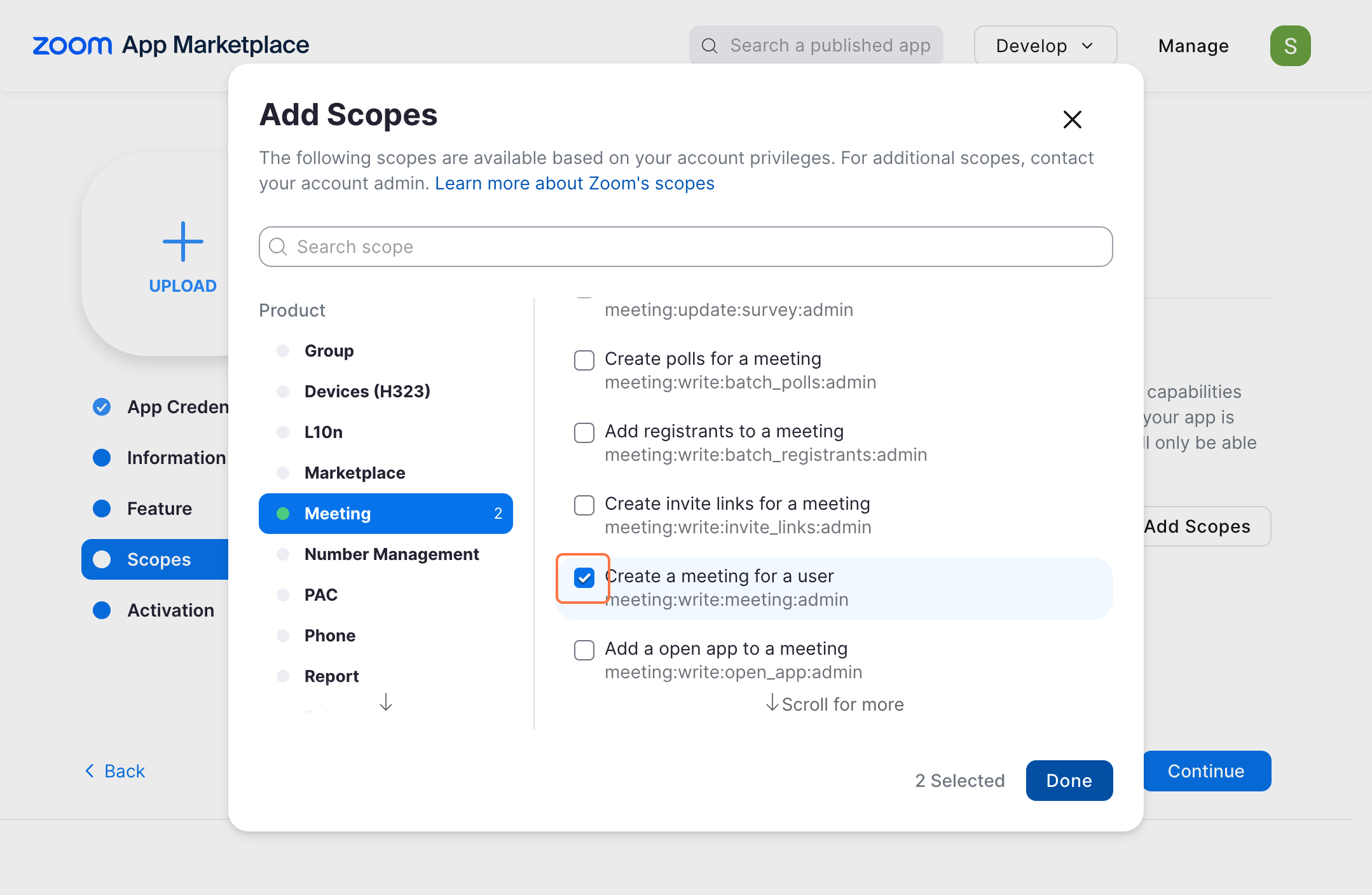 zoom applciation marketplace credential page