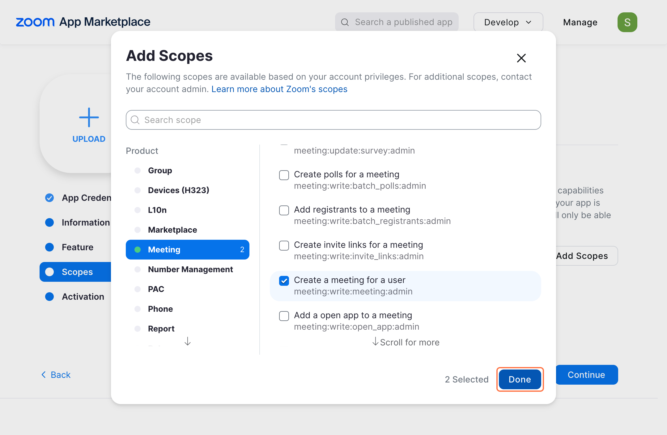 zoom applciation marketplace credential page