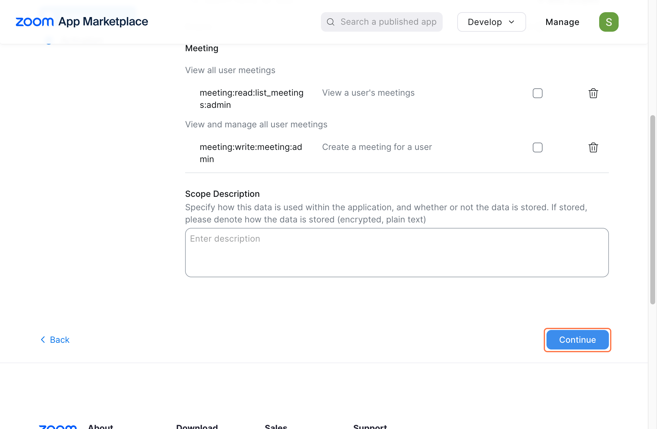 zoom applciation marketplace credential page