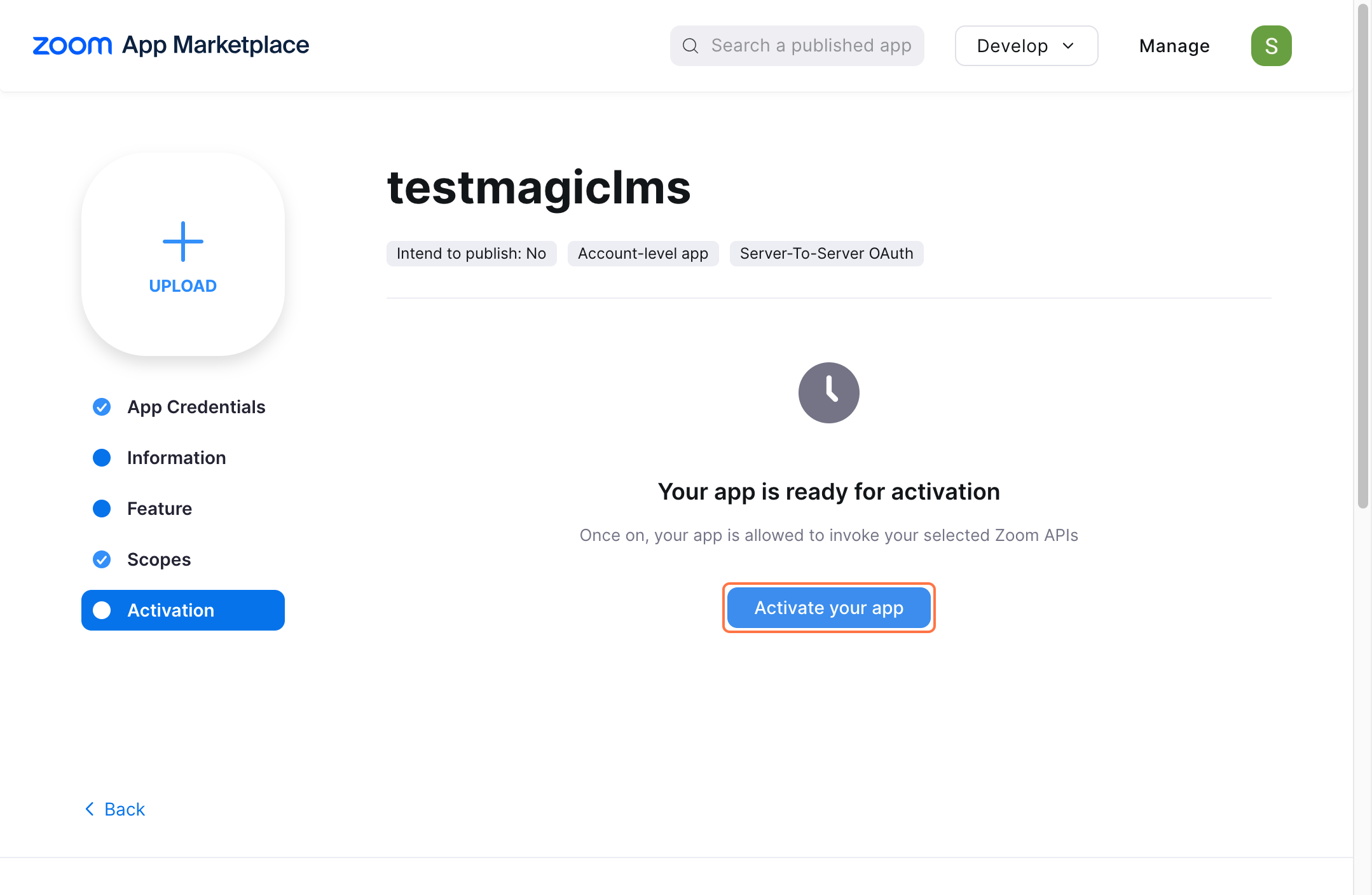 zoom applciation marketplace credential page