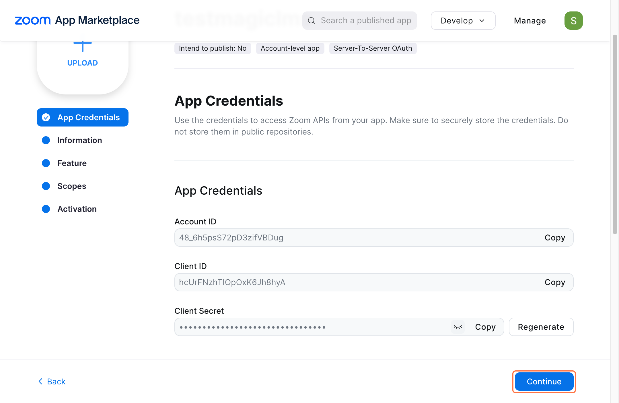 zoom applciation marketplace credentials page
