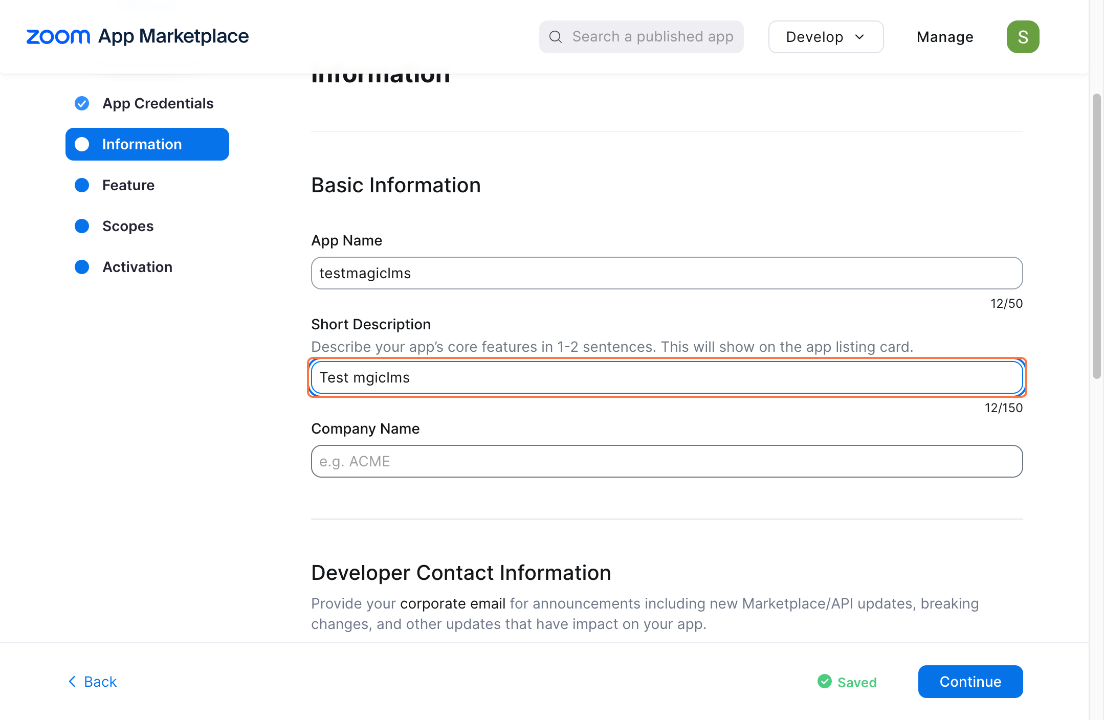 zoom applciation marketplace credential page