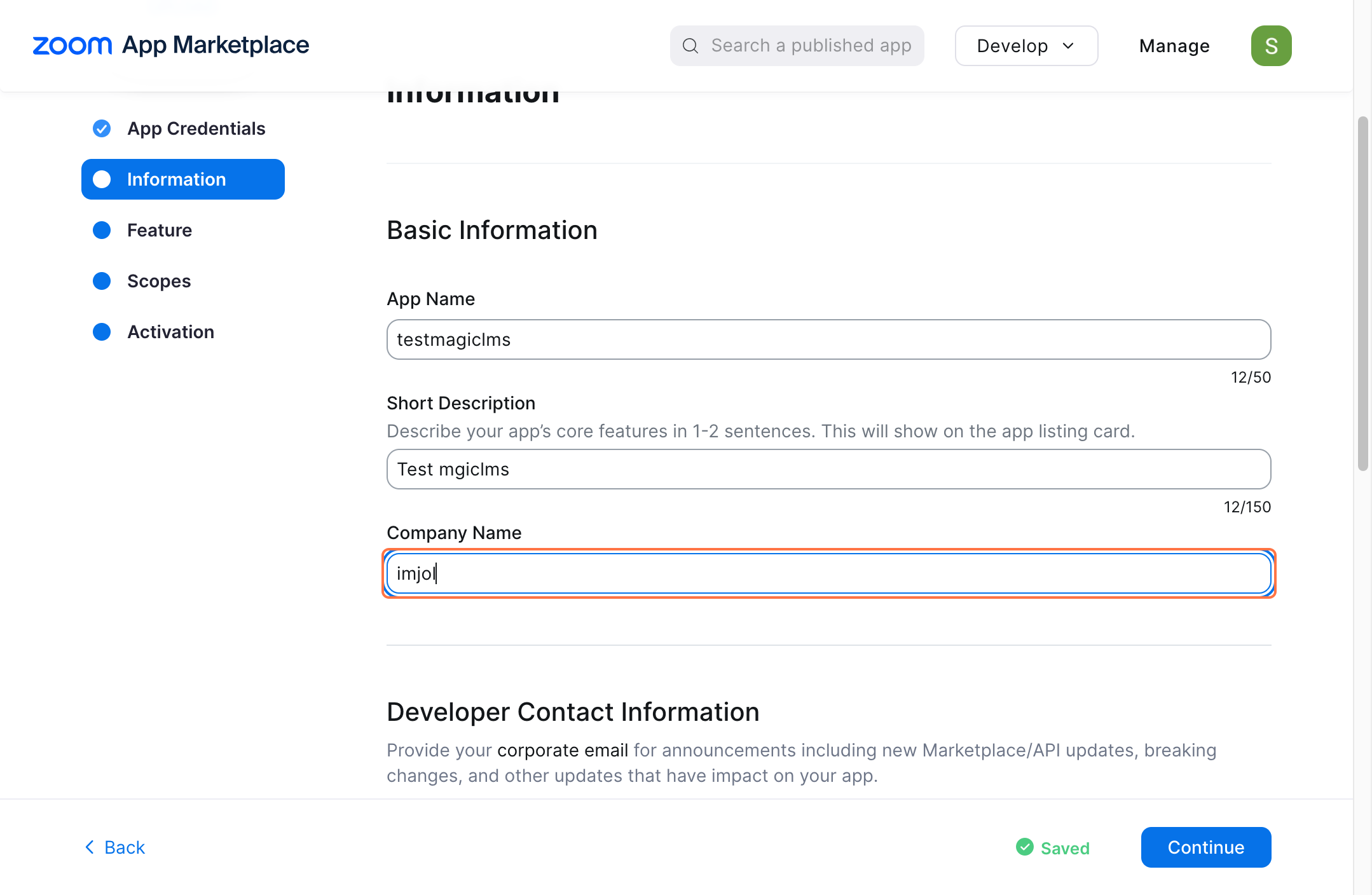 zoom applciation marketplace credential page