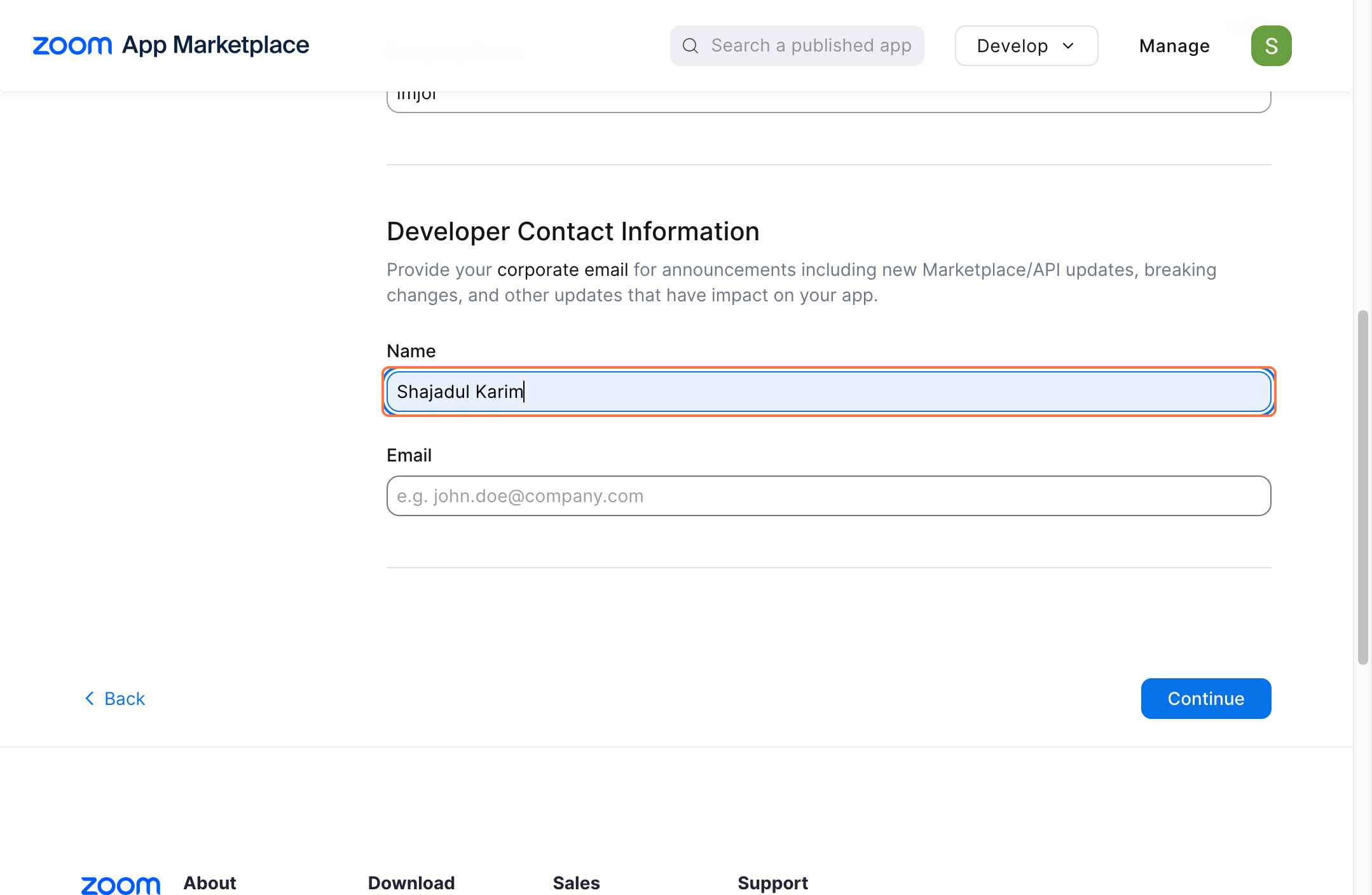 zoom applciation marketplace credential page