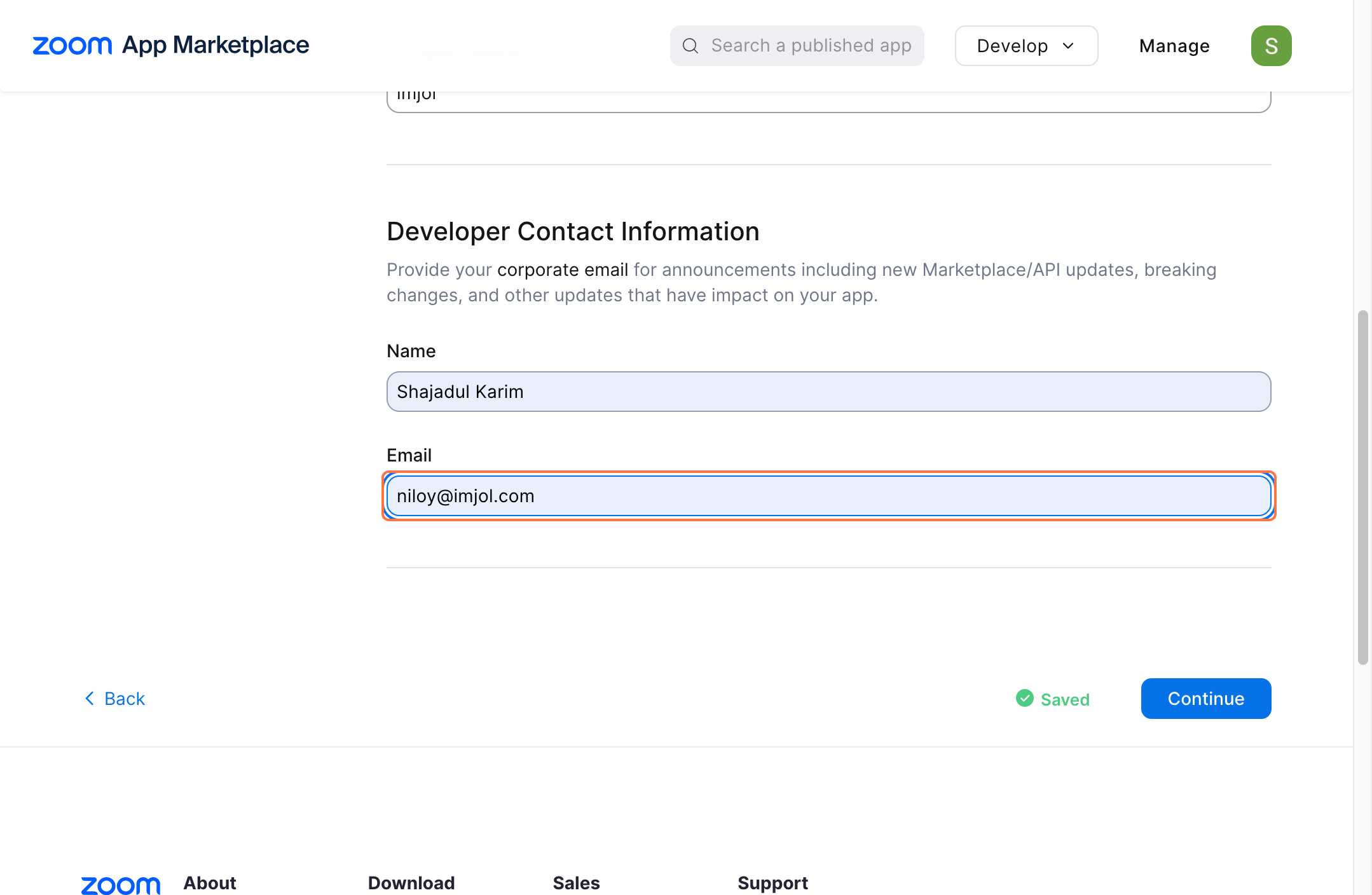 zoom applciation marketplace credential page