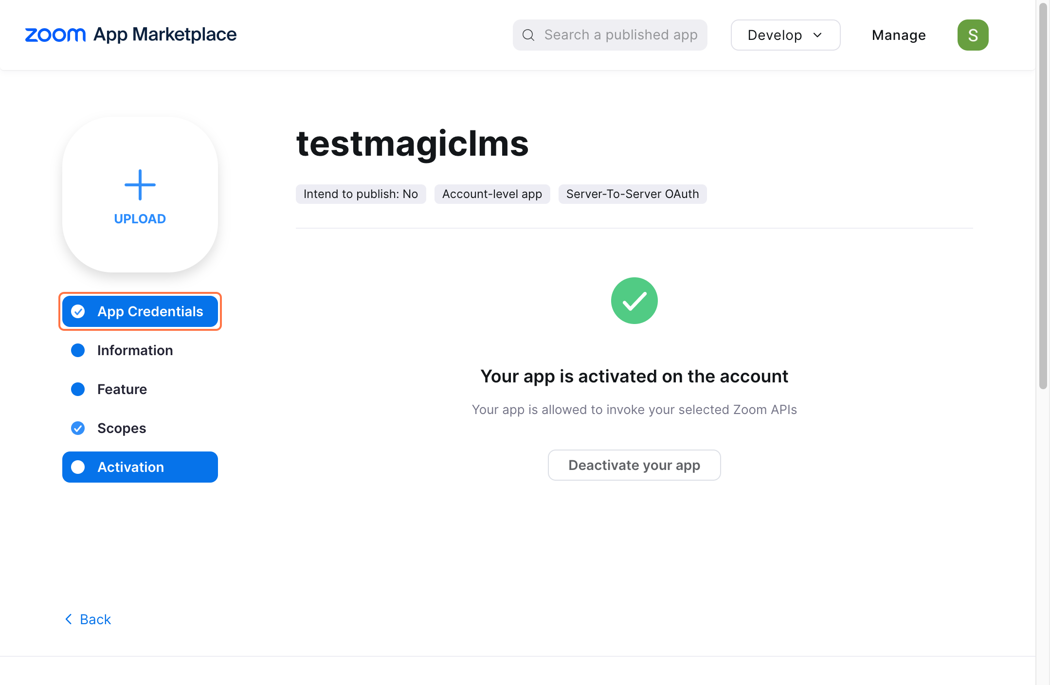 zoom applciation marketplace credential page