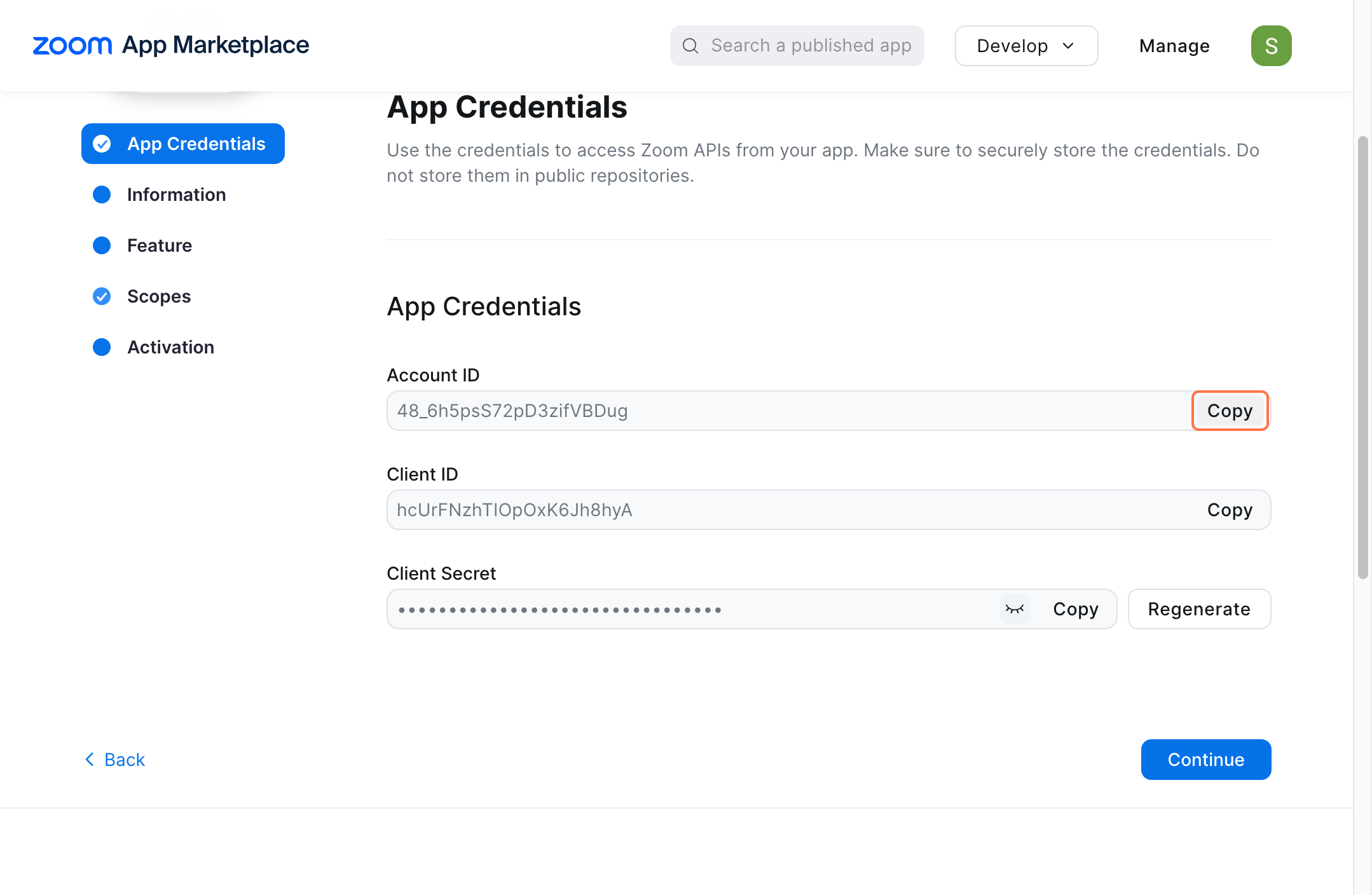 zoom applciation marketplace credential page