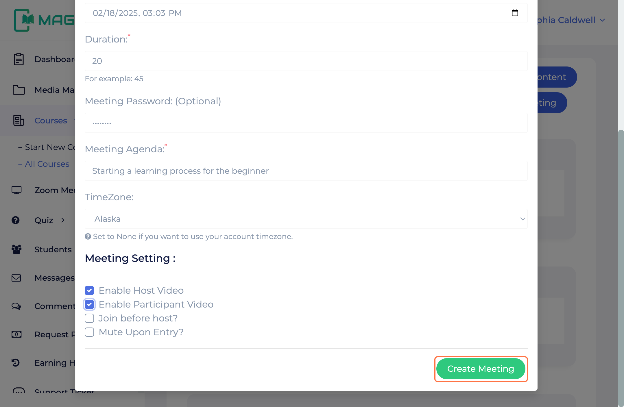 MagicLMS Courses Panel