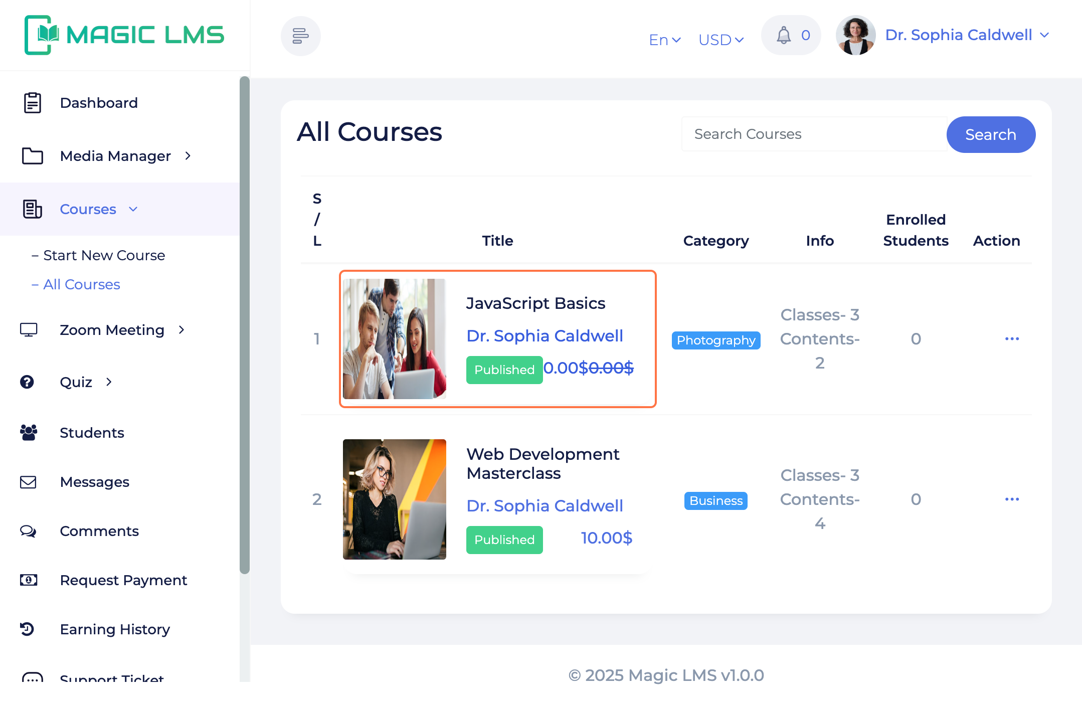 MagicLMS Courses Panel